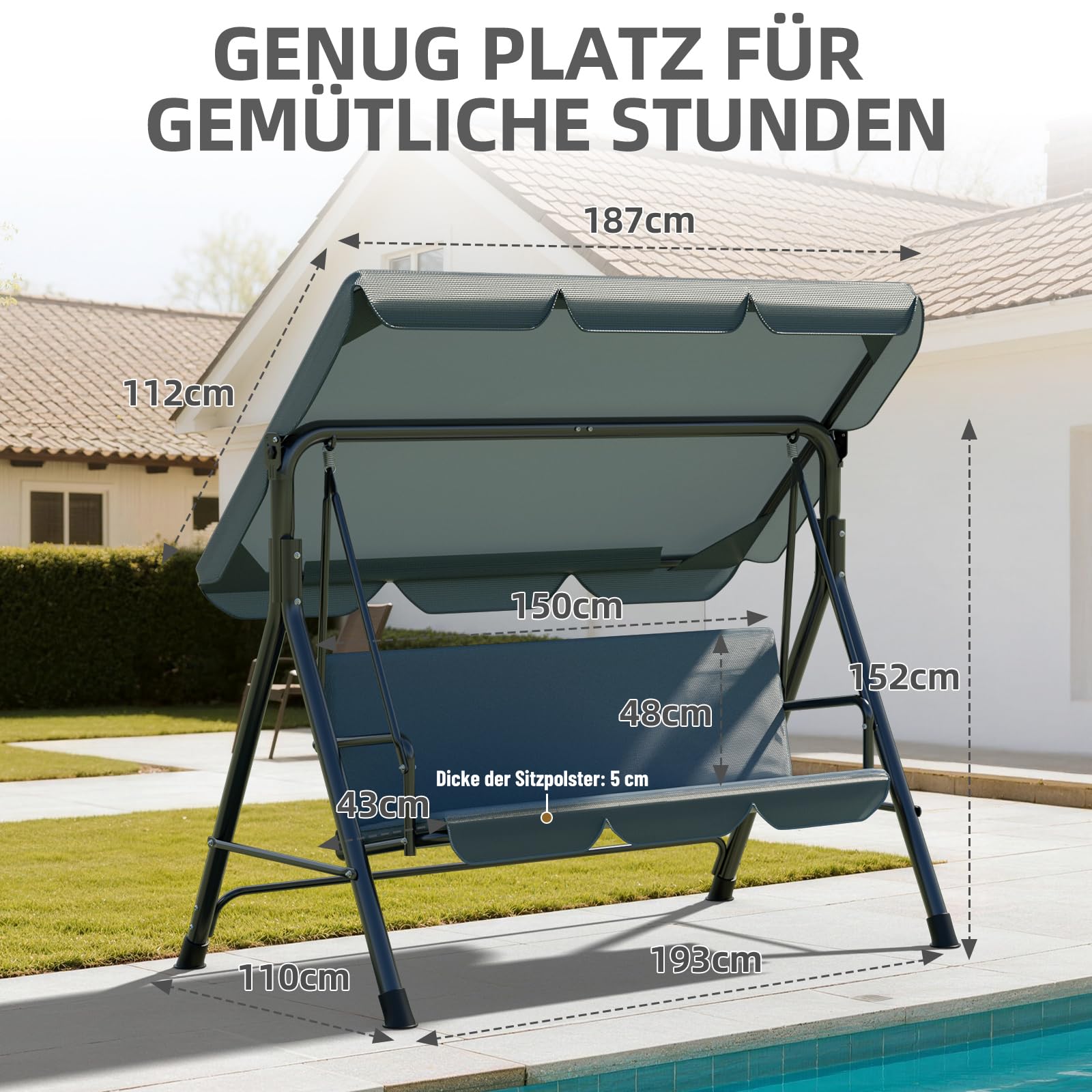 Soontrans Hollywoodschaukel 3-Sitzer für Entspannte Nachmittag im Garten, Gartenschaukel mit Polsterauflage & Verstellbarem Sonnendach, aus Stahlgestell & Textilene-Gewebe (193 x 110 x 152 cm, Grau)
