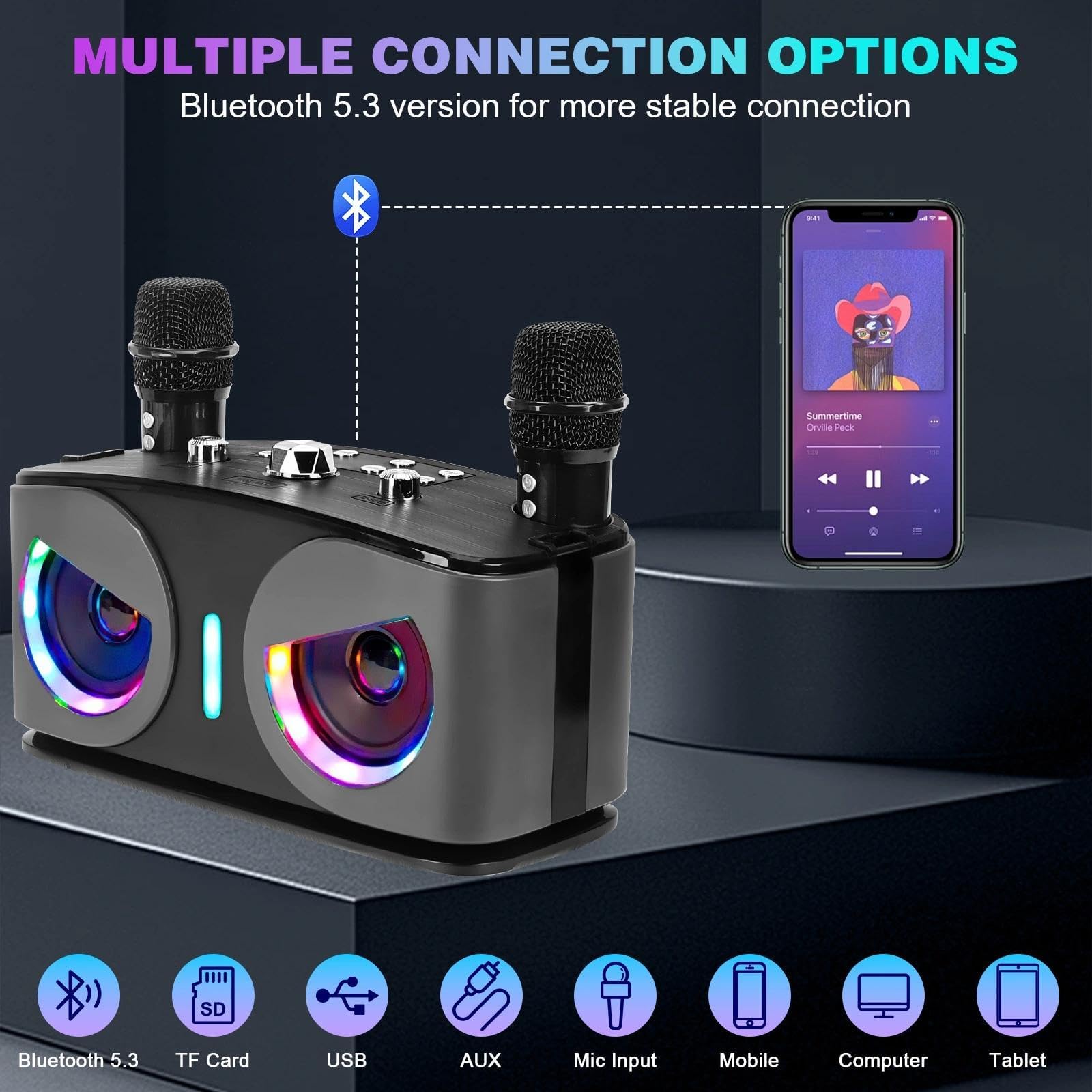 Tragbare Karaoke Maschine, Karaoke mit 5.3 Bluetooth Lautsprecher | Mit 2 kabellose Mikrofone, LED-Lichter, Radio USB TF Karte AUX Port, Lautsprechersystem