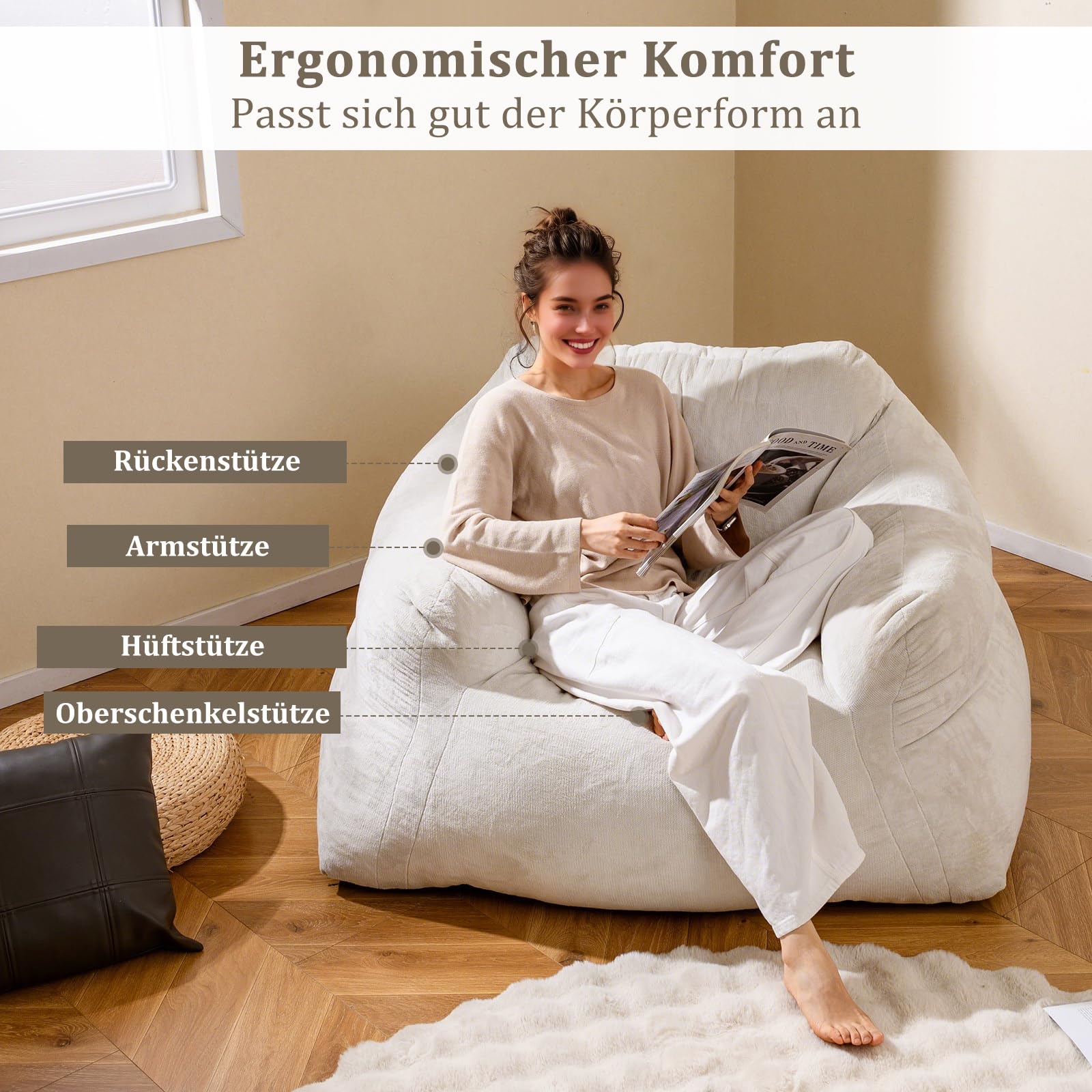 COSTWAY Sitzsack Sessel, Bodensessel mit Samtbezug & rutschfestem Boden, gepolstertes Bodensofa für Wohnzimmer, Schlafzimmer, Lesezimmer, 129 x 111 x 69 cm, Beige