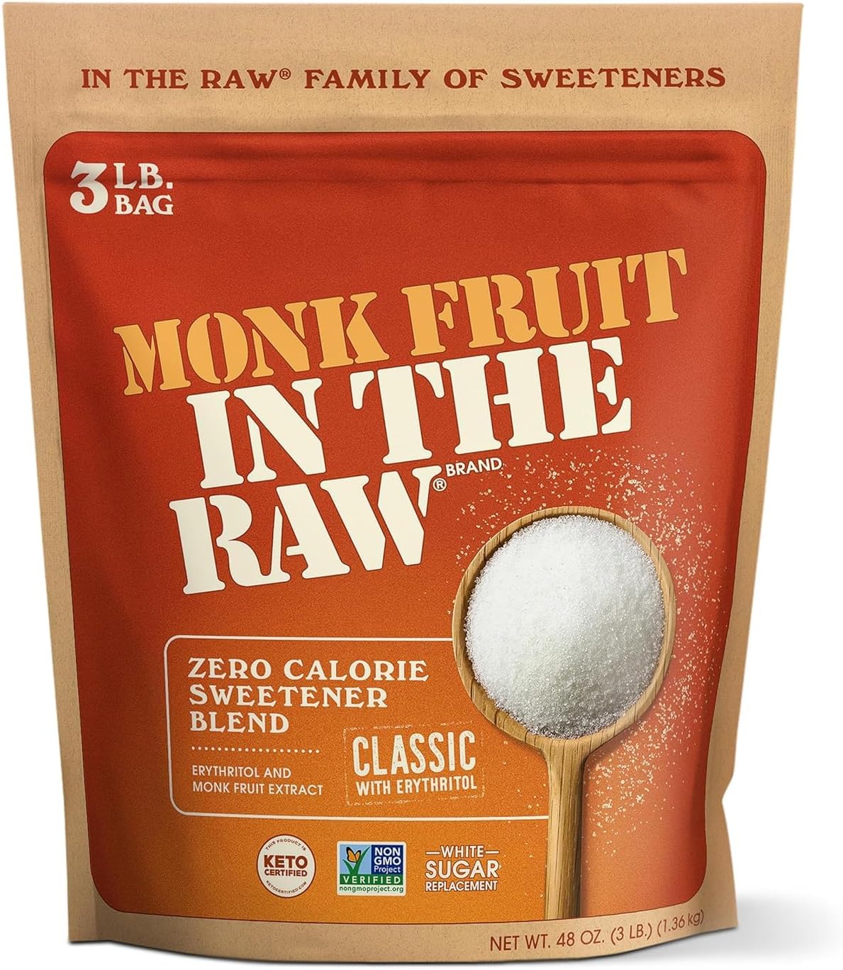 MONK FRUIT IN THE RAW, 48 oz Baker's Bag, Pack of 1, Natural Monk Fruit Sweetener w/Erythritol, Sugar-Free