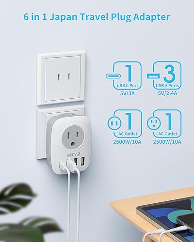 Miniatura 4 de Adaptador de 3 clavijas a 2 clavijas, adaptador de enchufe VINTAR US a Japón con 2 tomacorrientes, 3 puertos USB y 1USB-C, divisor extensor de
