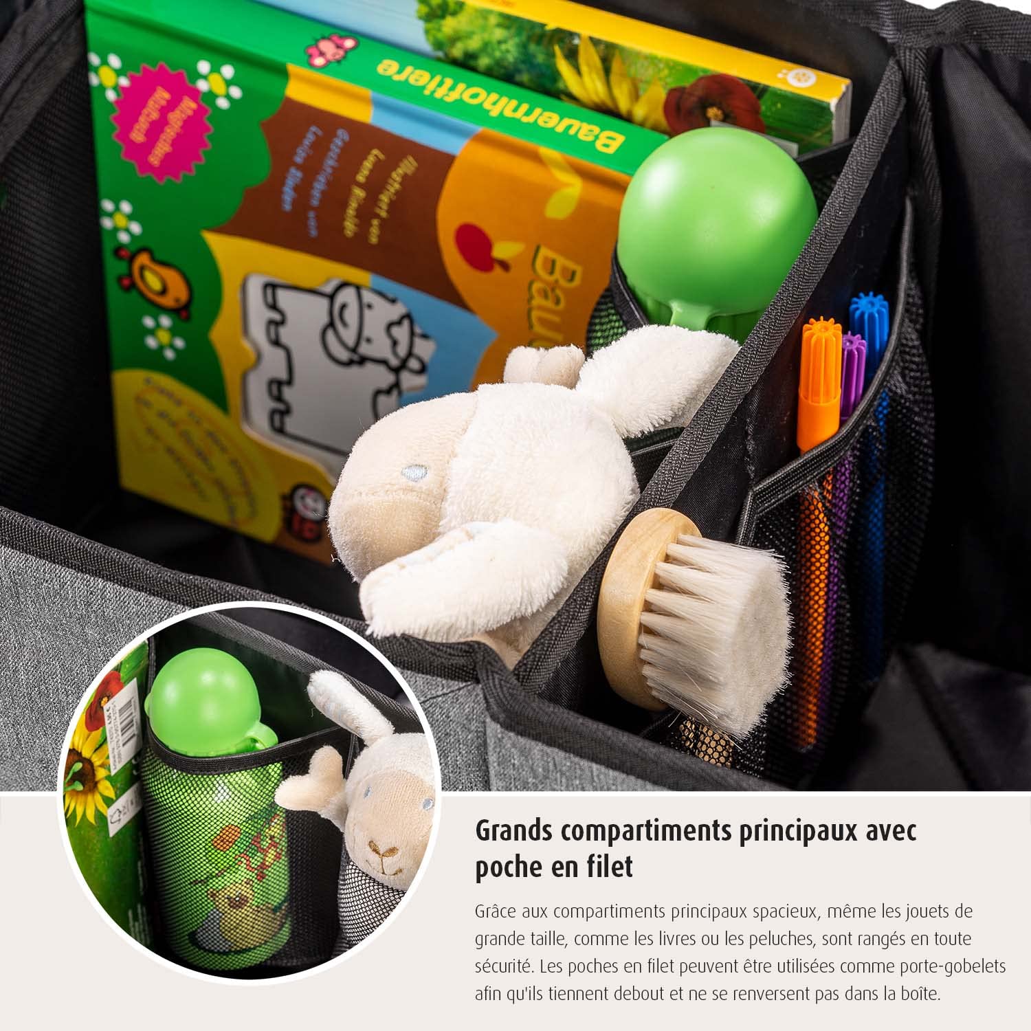 reer TravelKid Box samochodowy na tylne siedzenie, odporny na zabrudzenia, antypoślizgowy spód, składany, szary