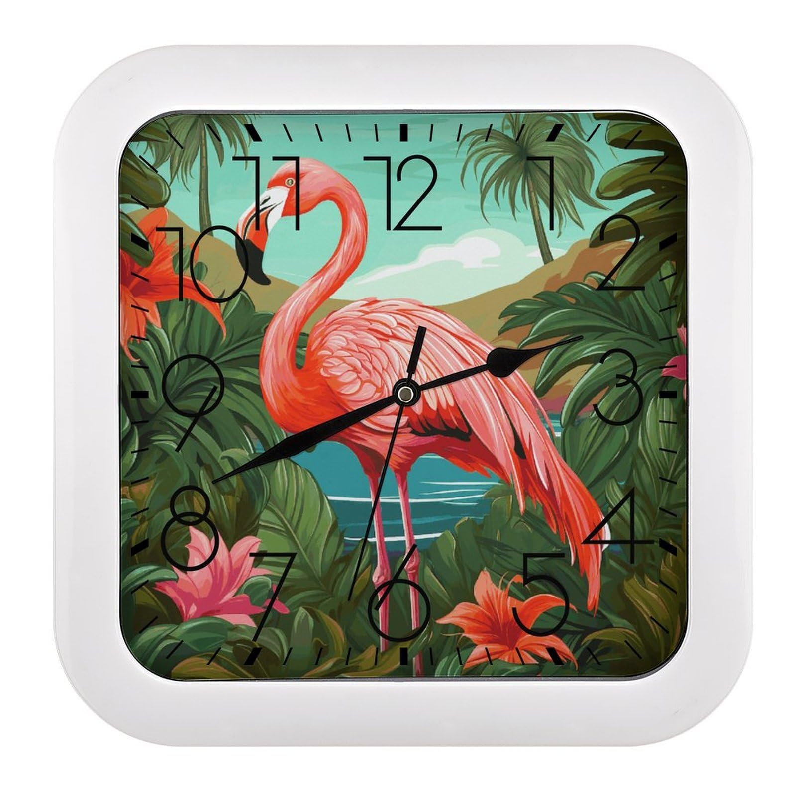 FekiLoot Tropical Flamingo Wall Clock 10.2" Modern Farmhouse Square Clocks Silent No Ticking, Wall Art and Timepiece Clock for Shelf Table Mantel Or Bedside Clocks