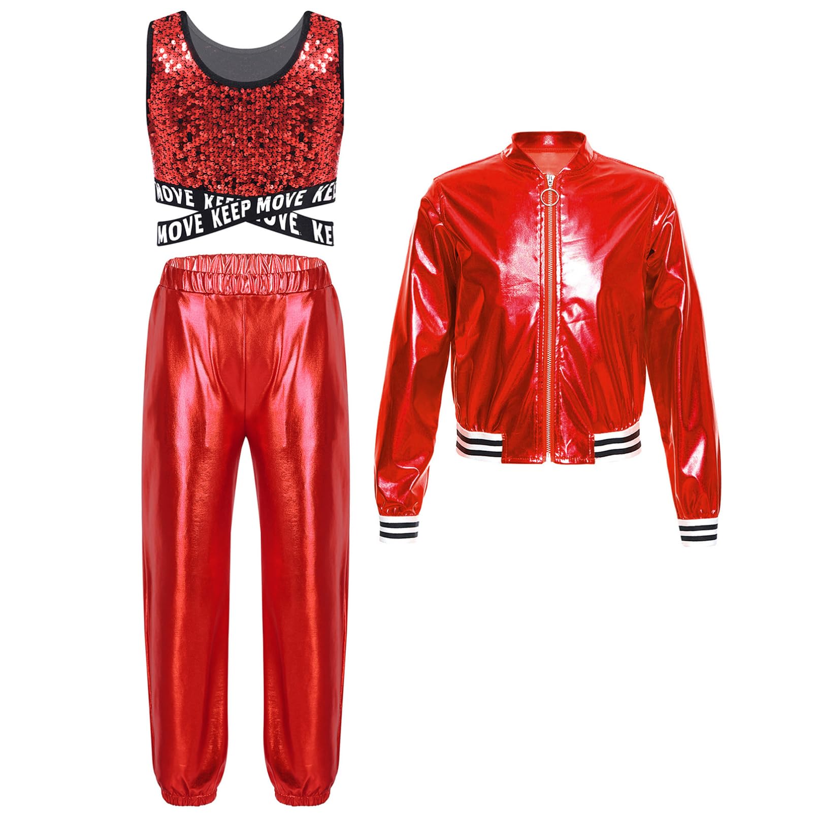 inhzoy Completo Sportivo da Bambina Lucido Tuta da Ginnastica Artistica Danza Moderna Hip Hop Giacca Sportiva + Reggiseno Sportivo + Pantaloni Lunghi Abito da Ballo di Strada