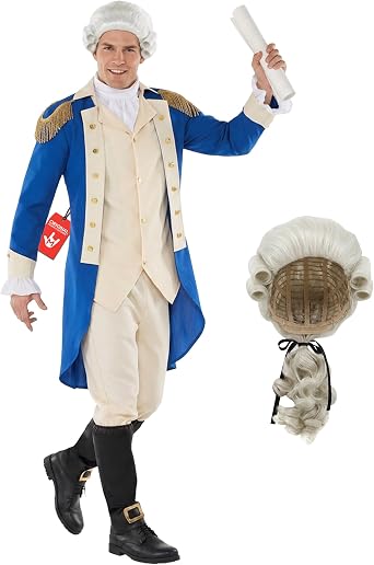 Morph, George Washington Costume Men, Halloween Costumes for Men | Blue Colonial Tailcoat with Gold Trim, Attached Vest, Cream Trousers Included, Perfect for Halloween, Great for Dress-Up