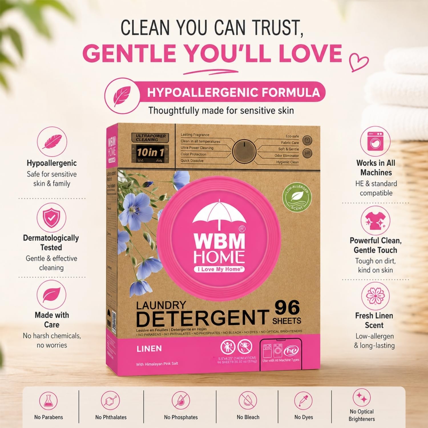 WBM Home Laundry Detergent Sheets, 96 Count – 10 in 1 Linen Scent Laundry Sheets with Himalayan Pink Salt, No Parabens No Dyes No Phosphates, For HE Top & Front Load Washers
