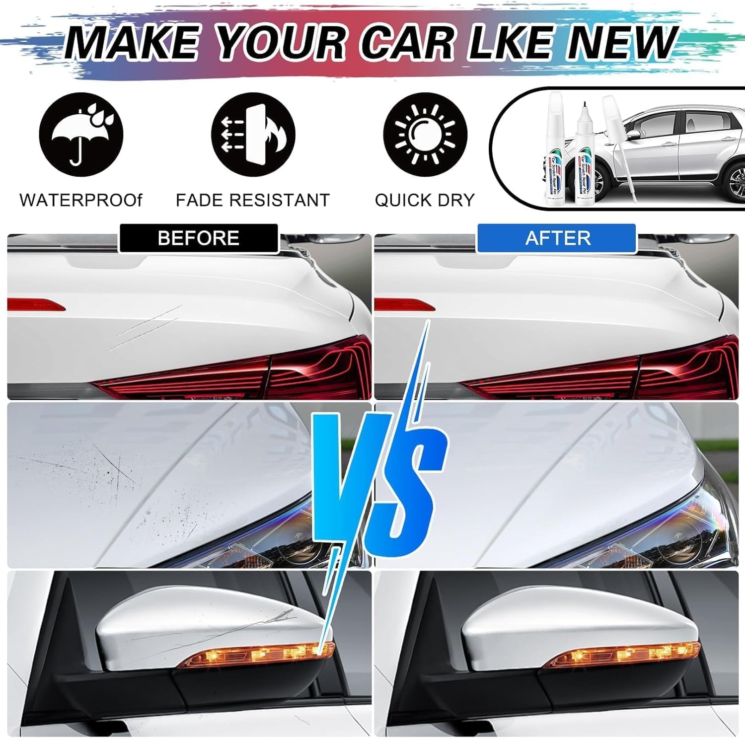 2-In-1 Touch Up Paint for Cars,Car Paint Touch Up Pen for Deep Scratches,Car Scratch Repair Pen Auto Scratch Remover for Quick and Easy Fix,Quick Drying-Long Lasting Adhension (White)