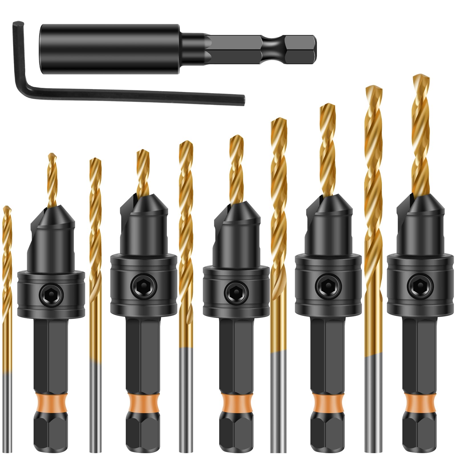 Woodworking Countersink Drill Bits Set, 12 PCS Counter Sink Drill Bits Fitted With a 1/4 Inch Hex Shank For #4、#6、#8、#10、#12 Screws, for Drilling Holes in Wood, Composite Panels, and Plastics