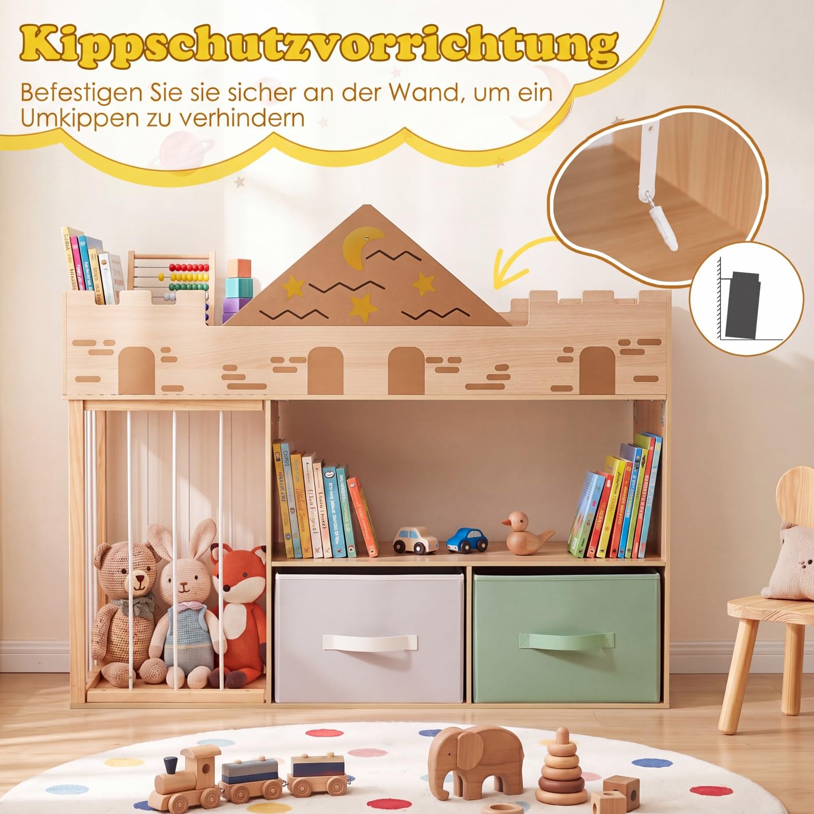 COSTWAY Drewniany regał na zabawki z pluszowym zoo i 2 szufladami materiałowymi