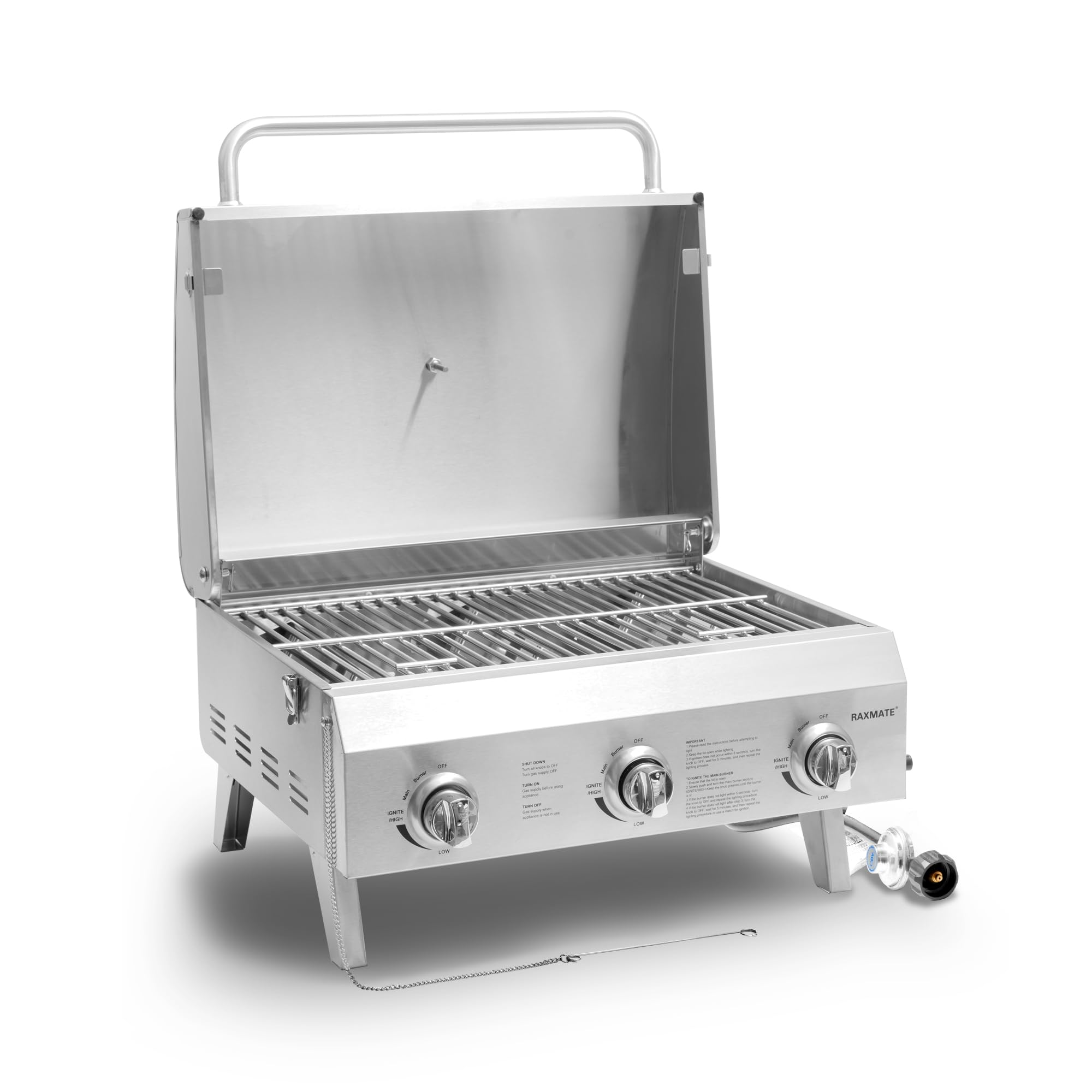 Parrilla portátil de gas propano, parrilla de mesa de acero inoxidable de 22 pulgadas con 3 quemadores, patas plegables, 30000BTU, perfecta para campamento, portón trasero, viajes en caravana y