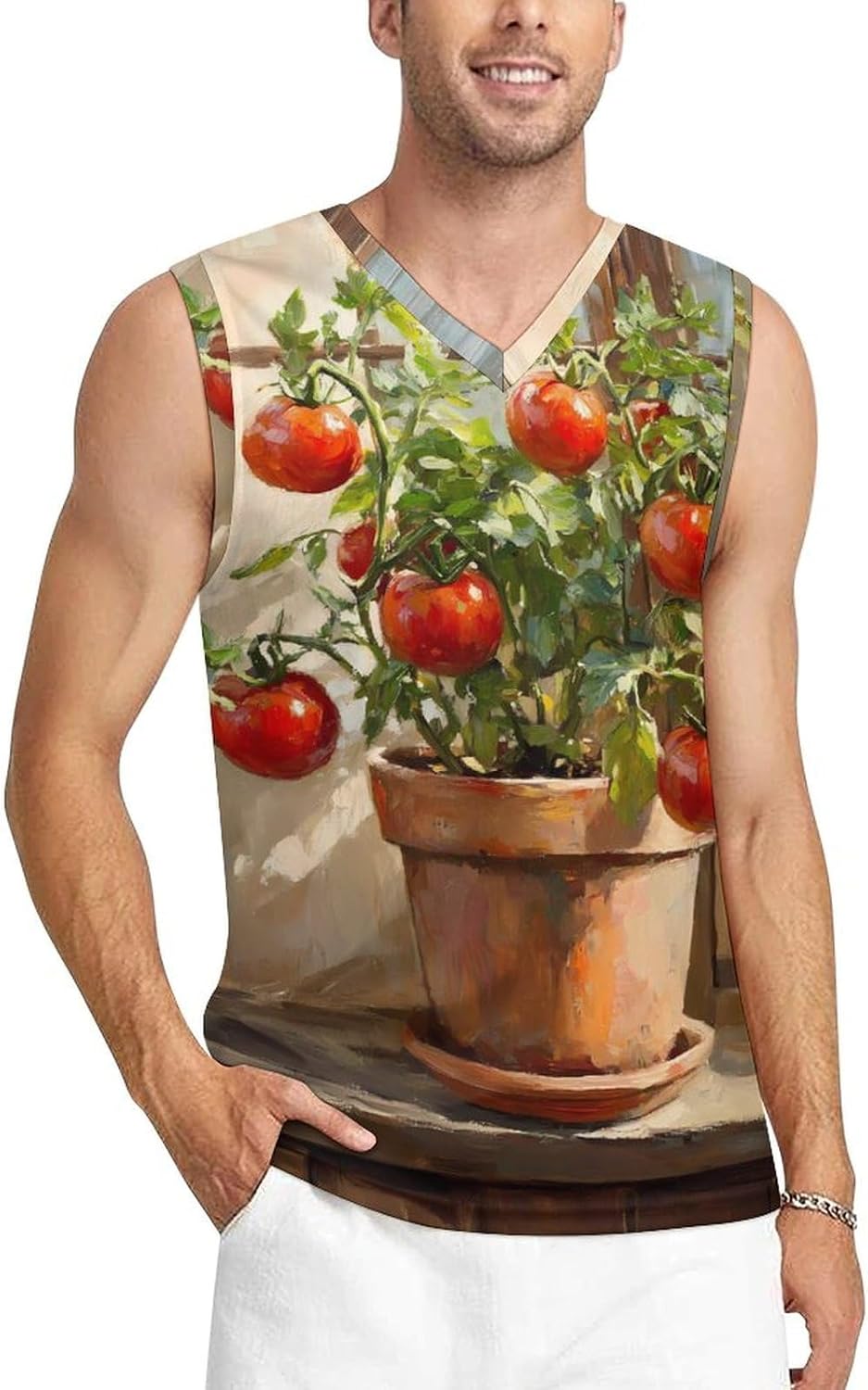 Potted Tomatoes on The Windowsill Men's V-Neck Basketball Tank Top Sleeveless Workout Tank Shirts Gym Fitness Tees Vest
