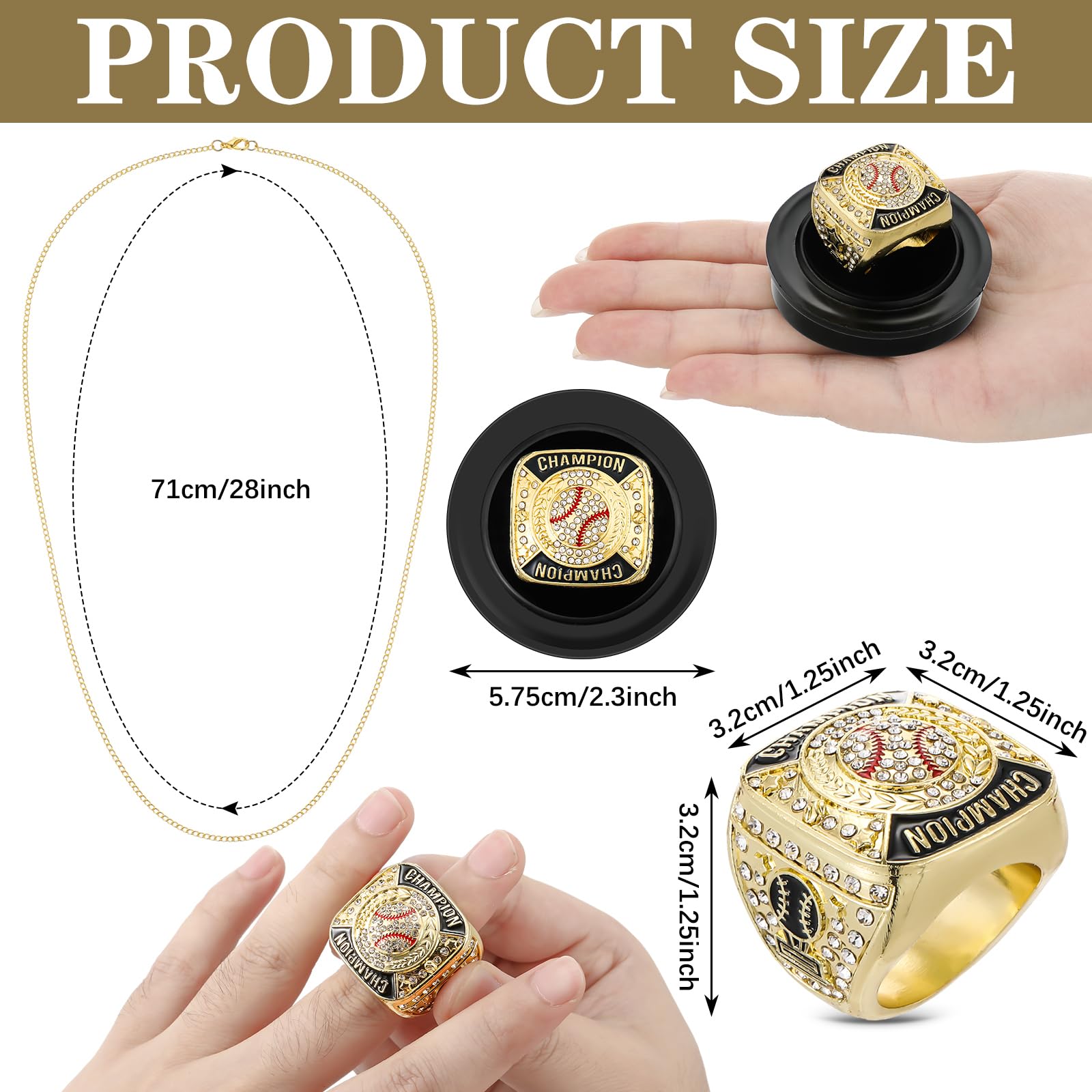 Landical Anillo de campeonato de béisbol, anillo de campeón de béisbol, regalo de premio de trofeo de sóftbol con cadena para el cuello y soporte para campeón de torneo o liga de béisbol ganador