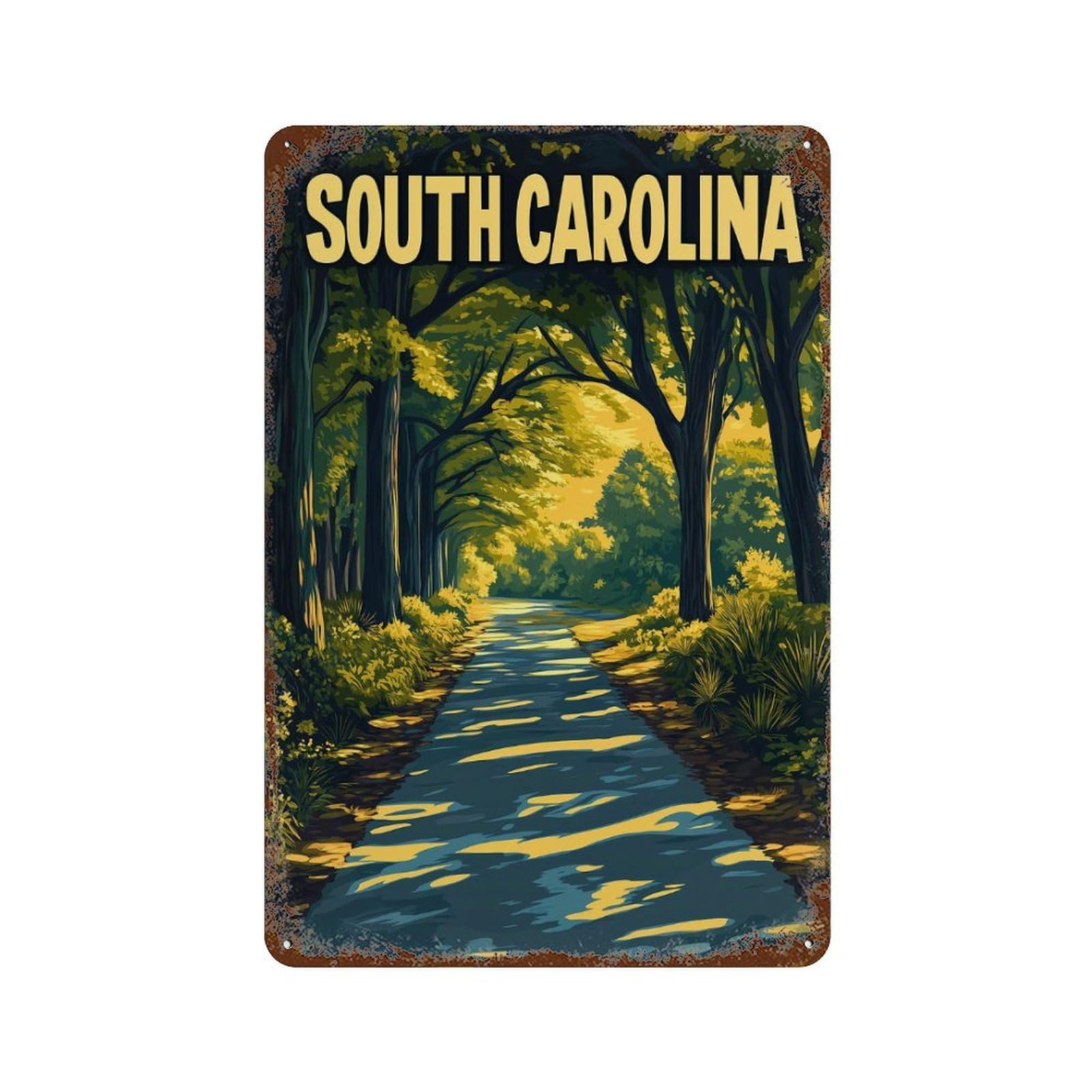 South Carolina Road Through Trees 11.8"x7.9" Distressed Metal Wall Sign, Shabby Chic Decor for Shed, Workshop And Garage Wall Decor