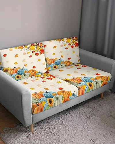 Miniatura 3 de Fundas de cojín elásticas para sofá de otoño, con diseño de calabazas azules y naranjas, con parte inferior elástica, diseño de hojas de arce y