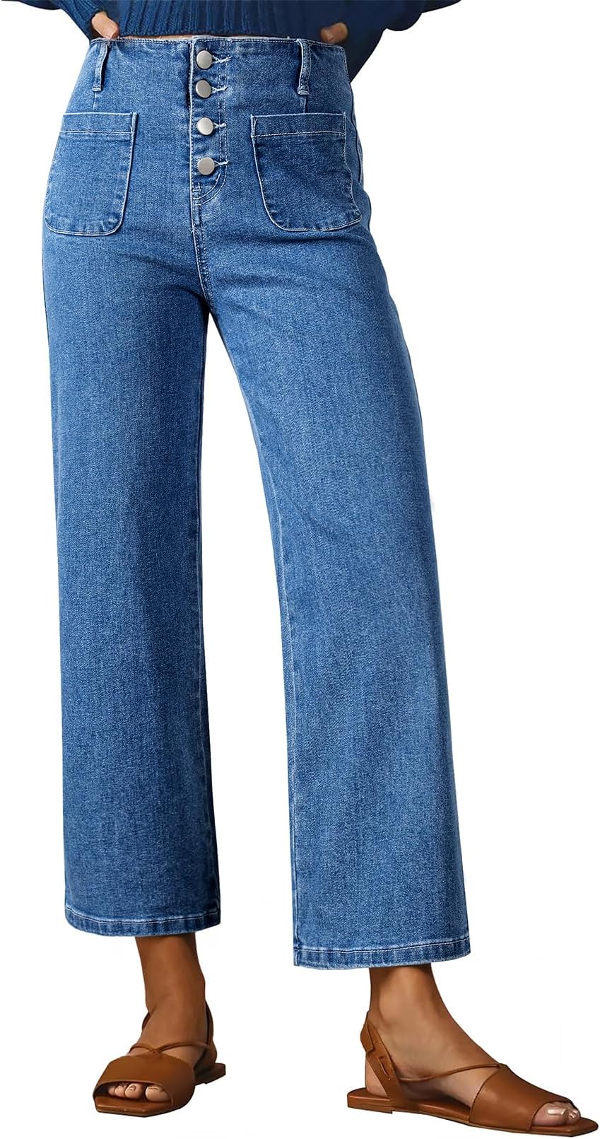 Women's Wide Leg Jeans High Waisted Zimbaplatinum Stretchy Straight Leg Jeans Buttoned Loose Denim Pants with Pocket