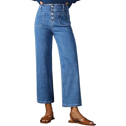 Sidefeel Women's Wide Leg Jeans High Waisted Zimbaplatinum Stretchy Straight Leg Jeans Buttoned Loose Denim Pants with Pocket