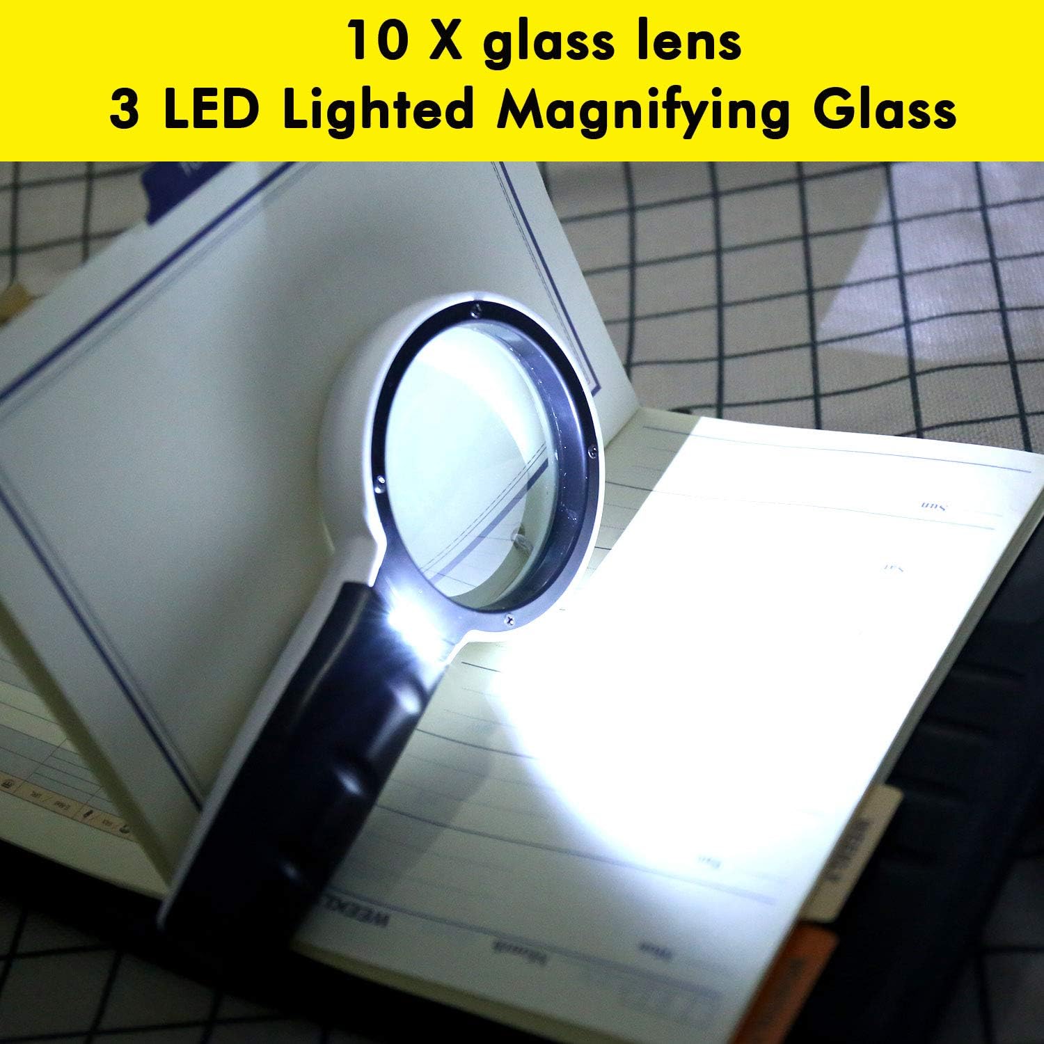 IAMGlobal 10X Magnifying Glass, 3 LED Lighted Magnifier Glass, Handheld Reading Magnifier, 90mm Magnifying Glass Lens for Reading, Insect, Science for Seniors Kids(2 Pc)