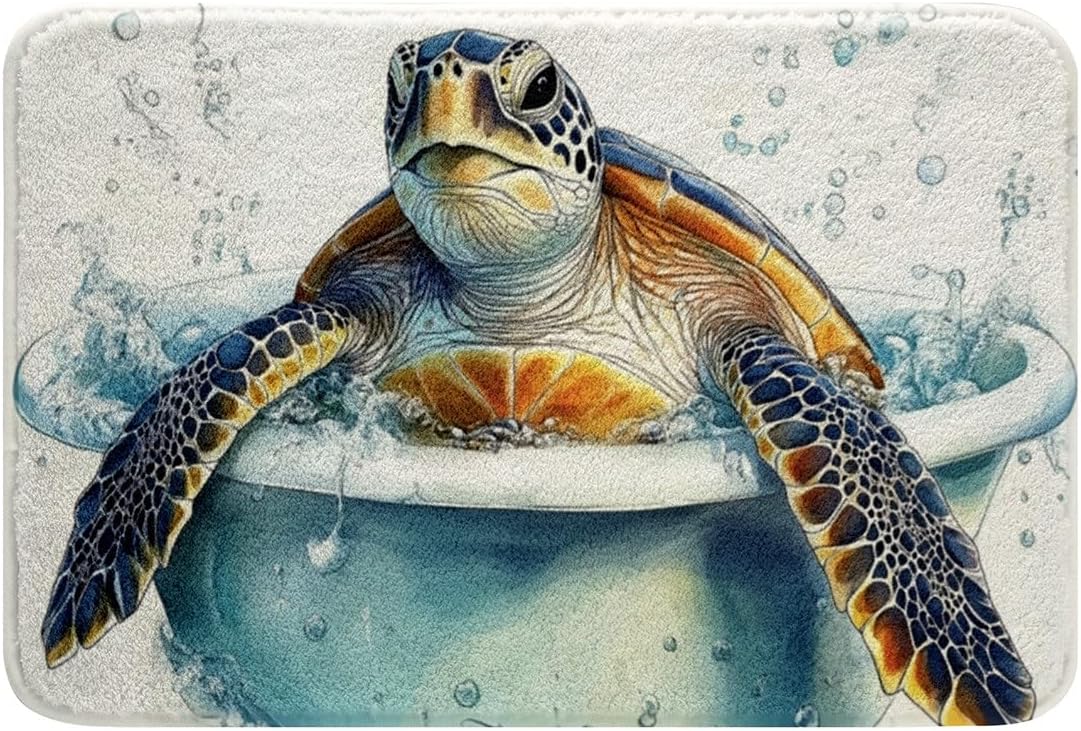 jejeloiu Cartoon Sea Turtle Soft Fleece Door Carpet Sea Animals Polyester Bath Rug for Kids Boys Girls Ocean Wildlife Non Slip Bath Mat Underwater World Bathroom Floor Indoor Doormat,20x32 Inch