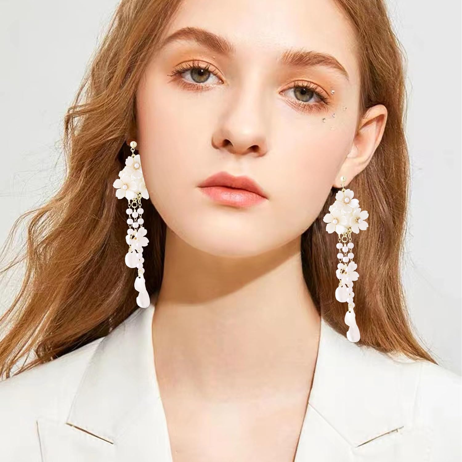 White Flower Pearl Earrings for Women Acrylic Tassel Flower Floral Dangle Drop Long Earrings for Women - Image 4