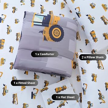 Cokouchyi Full Size Comforter Set for Boys, 5-Piece Bed in a Bag, 3D Construction Bedding Comforter Sheet Set, Ultra Soft and Fluffy, Cartoon Truck Cars