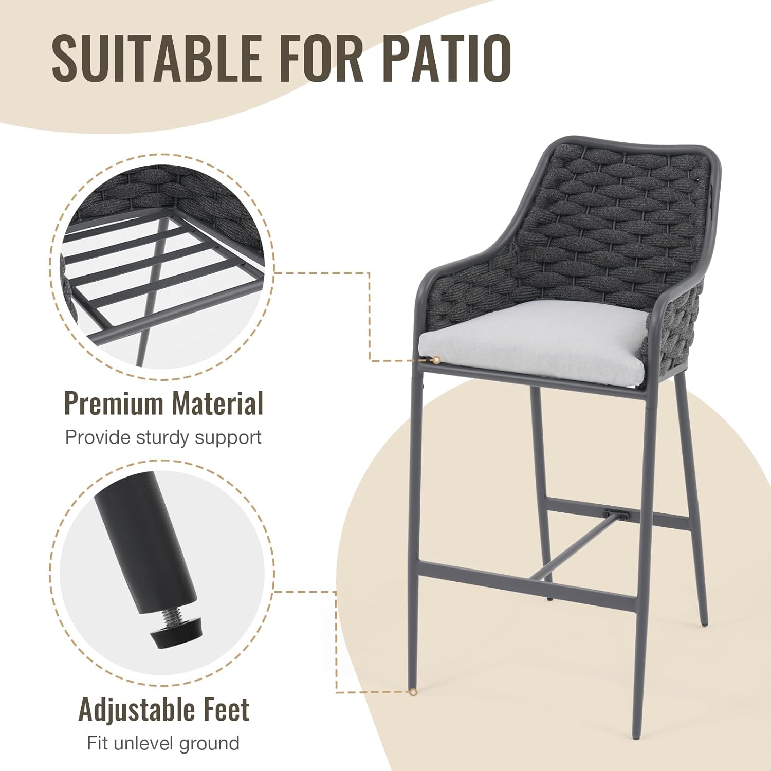 SUNSITT Outdoor Bar Stools Set of 2, 31.8” Patio Metal Counter Height Chairs w/Weather-Resistant Cushion, Woven Rope Design Modern Bar Height Outdoor Chairs w/Armrest Dark Gray for Garden Poolside