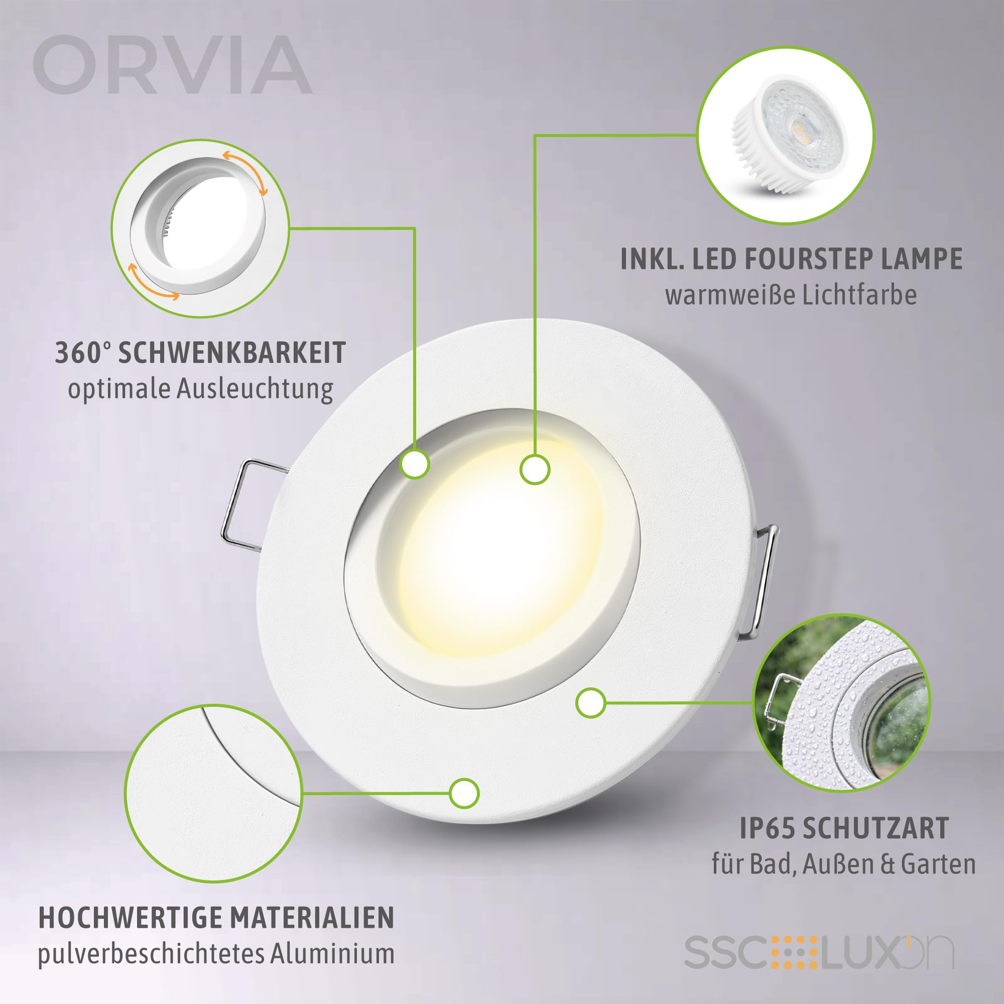 SSC-LUXon ORVIA Einbauspot 6er Set weiß schwenkbar IP65 4W warmweiß | Sechs Deckenspots IP65 weiß - 360° schwenkbar, in 4 Stufen dimmbar ohne Dimmer, warmweiß, für Bad & Küche, inkl. GU10 LED