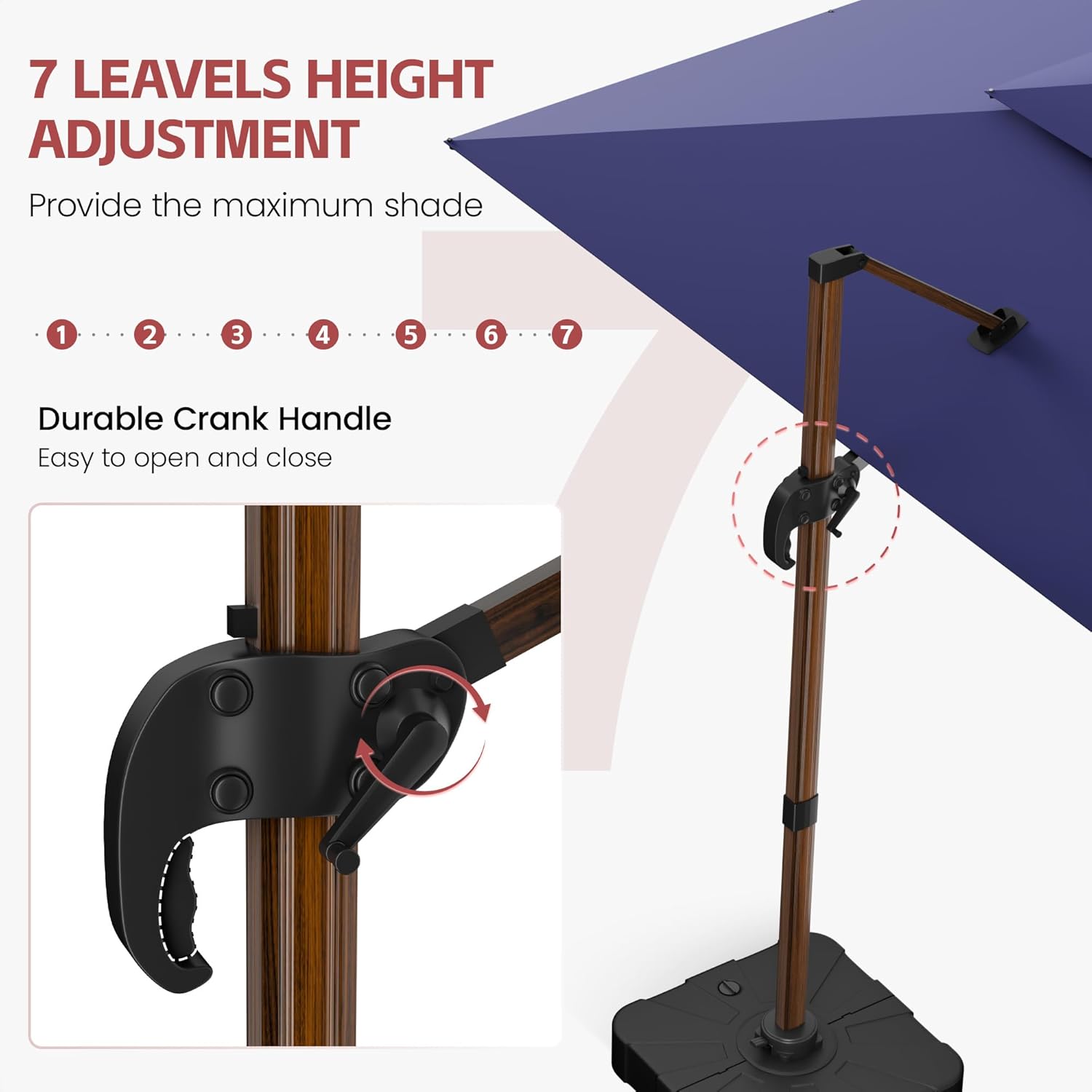 GENTEACO 10x13FT Rectangle Cantilever Patio Umbrella w/Base Included, Deluxe Wood Pattern Pole & 7 Angle Tilts, 360° Rotation, Offset Hanging Market Umbrellas for Garden Pool Patio, Navy Blue