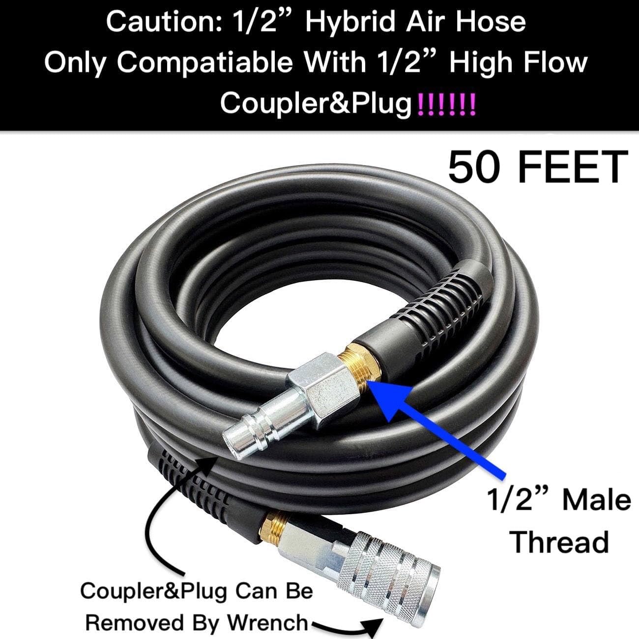SANFU Hybrid Air Hose 1/2”ID x 50FT, 300PSI Durable, Heavy Duty, Flexible, 1/2" High Flow Coupler&Plug Air Fittings, Bend Restrictors, Black(50’)