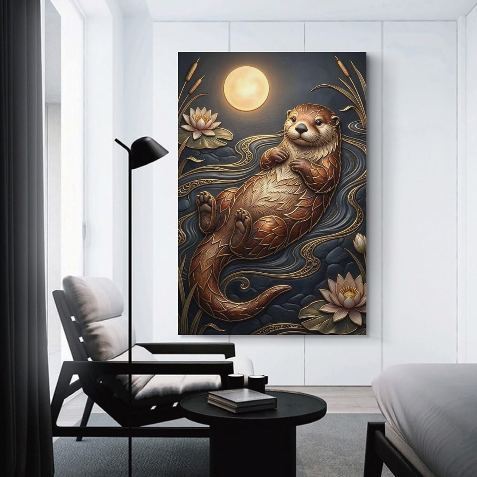Junmoney Canvas Wall Decor Otter in A Moonlit Pond, 24x36inch(60x90cm), for Restful Interiors, Bedrooms Or Small Rooms, Canvas Wall Decor for Personal Spaces