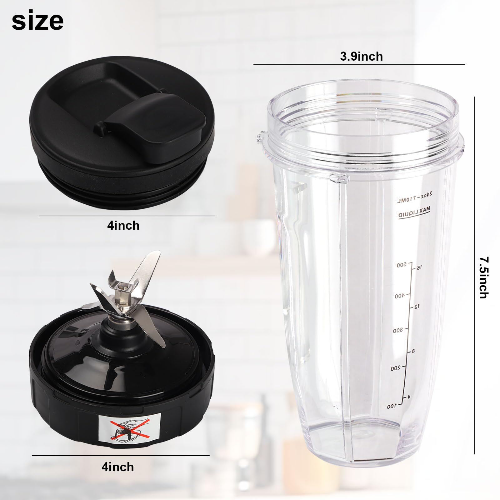 2 Piezas Repuestos para Batidora Ninja,Vasos Licuadores de 24 oz con Tapas Extraíble y 7 Cuchilla Extractora,Vaso de Repuesto para Ninja Bl2012/Bl487a/Bl492/Bl640/Nn100a/Nn101/Nn102