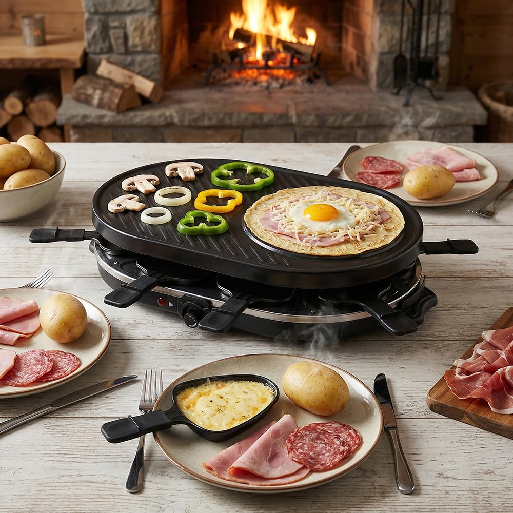 ONLI - Raclette, Grill & Crêpière, 8 personnes ON1035N - 3 en 1, 1200W, sans PFAS, thermostat ajustable