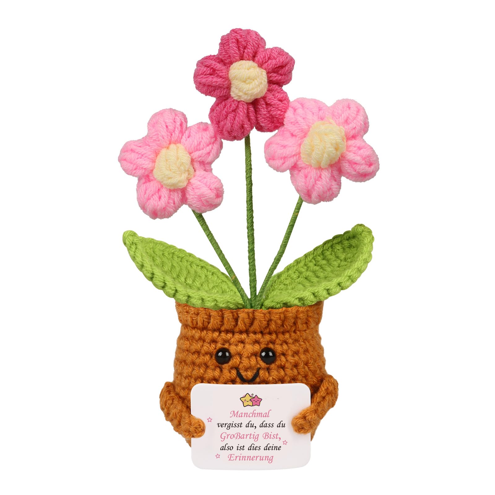 WenmthG Pocket Hug Glücksbringer Gestrickte Rosa Blumen Anti Stress Kleines Dankeschön Geschenk für Schwester Freundin Frauen Kollegen, Beste Freundin Geschenke Positive Kartoffel Deutsch Ersatz