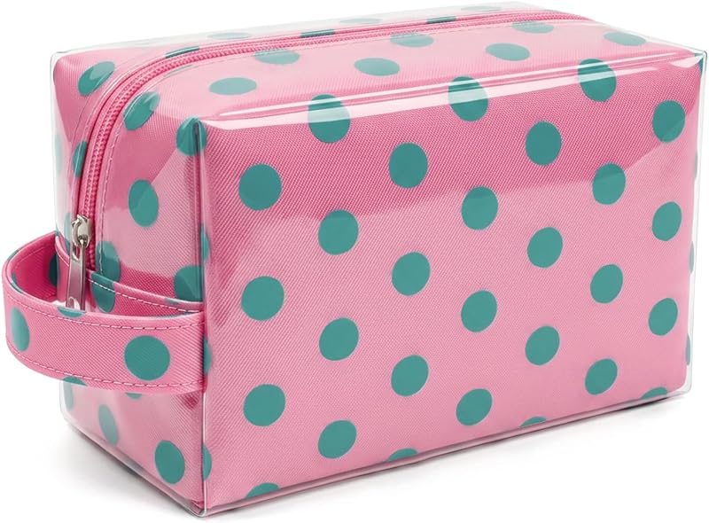 Necessaire LETGO transparente de PVC com zíper, estampa de poás rosa e verde, 1 unidade