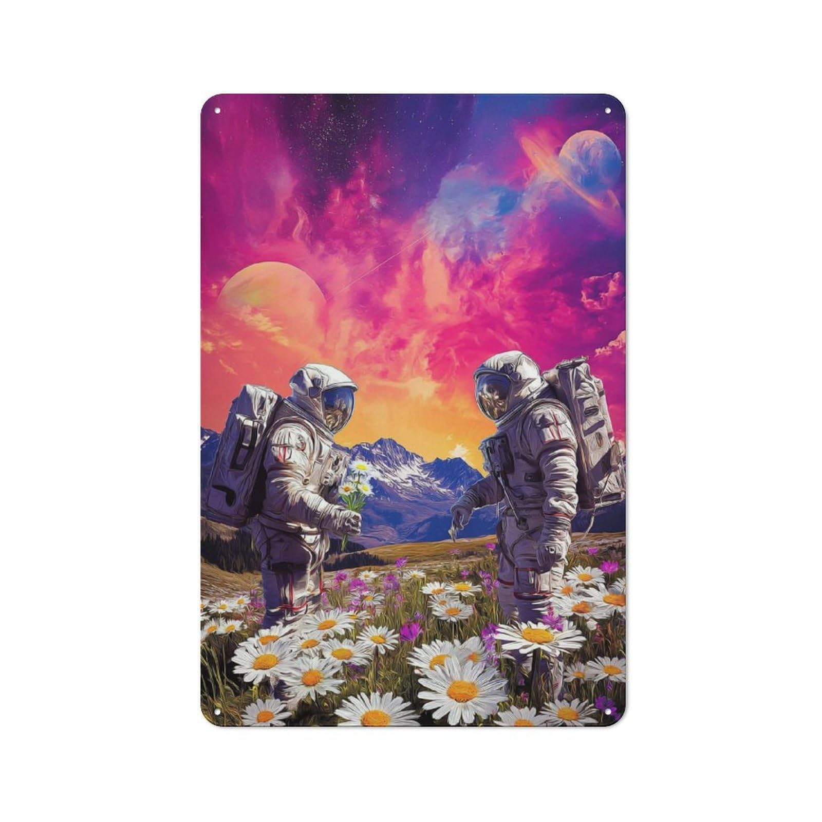 Junmoney Astronauts In A Field Of Flowers -2 Retro Metal Sign With Design 30X20cm, Distressed Look Retro Room Decor For Living Room, Hallway, Kitchen Or Cafe