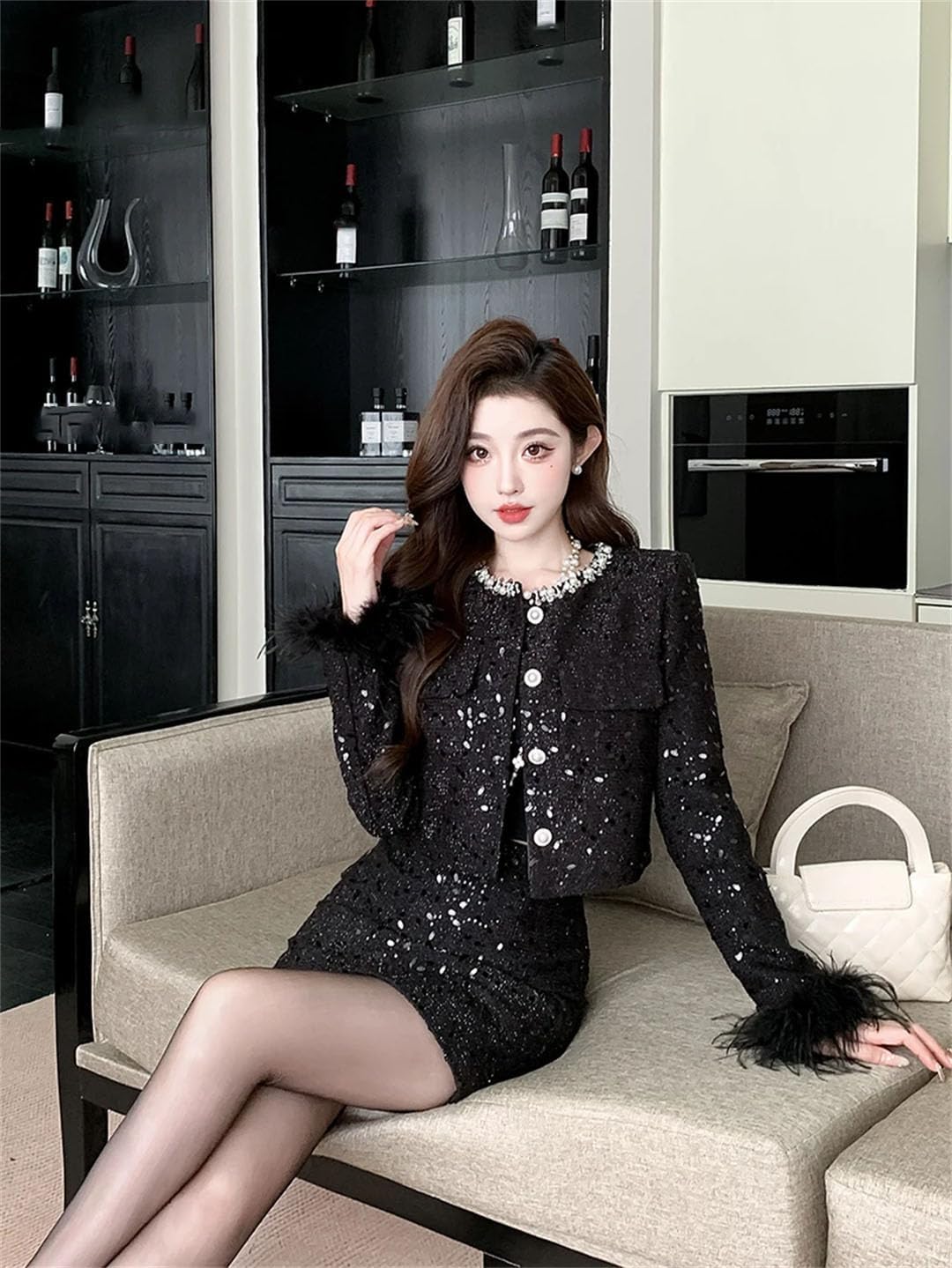 Women Rough Edges Trimmed Round-Neck Long-Sleeve Jacket and High-Waisted Skirt Suit