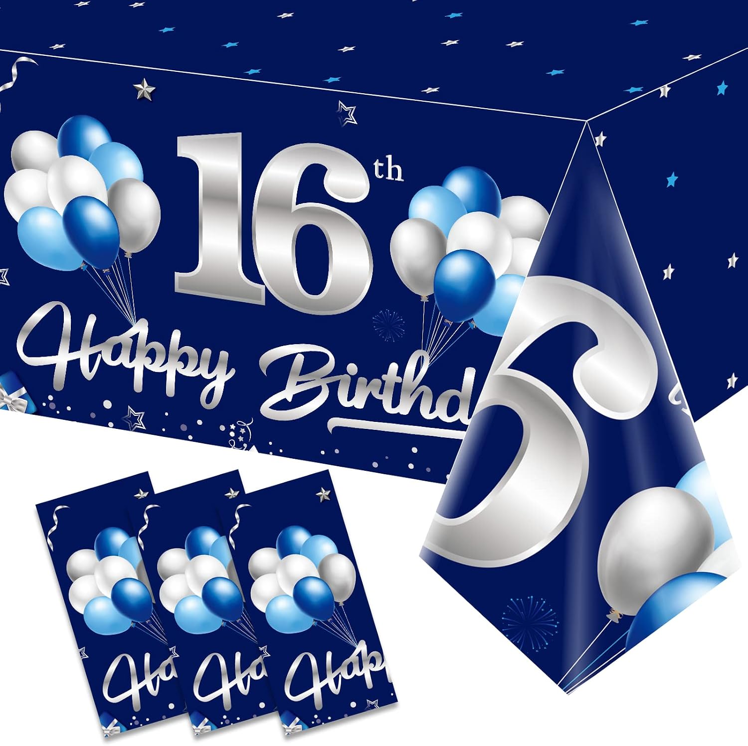 Turypaty 3Pcs Sweet 16th Birthday Dispposable Tablecloth Decorations Boys | Blue Silver 16th Birthday Rectangular Plastic Water-Resistant Table Cover Indoor Outdoor, 16th Table Cloth Decor Party Supply