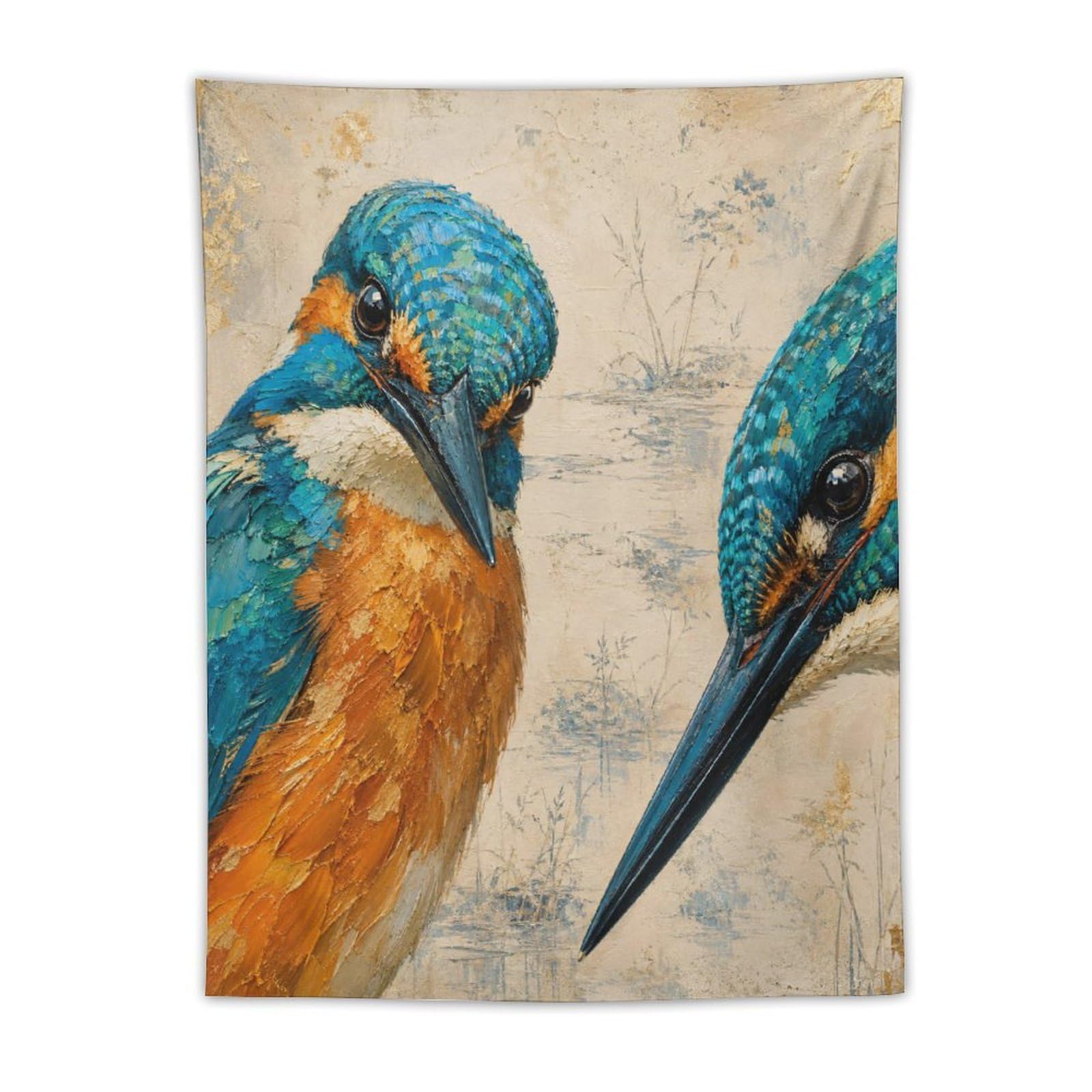 W7C8U2X3 Kingfisher Bird Pair Wall Tapestry, Realistic Illustration