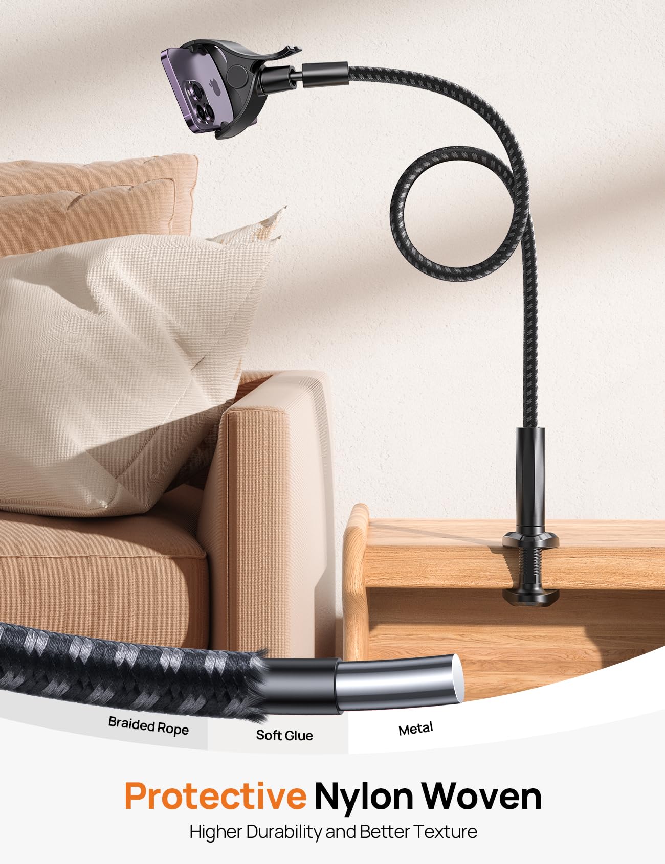 Aomiker Soporte de cuello de cisne para cama – [Trenza de nailon actualizada 2024] Clip flexible de brazo perezoso de 38 pulgadas de largo, soporte de teléfono ajustable de 360 grados para iPhone 15,