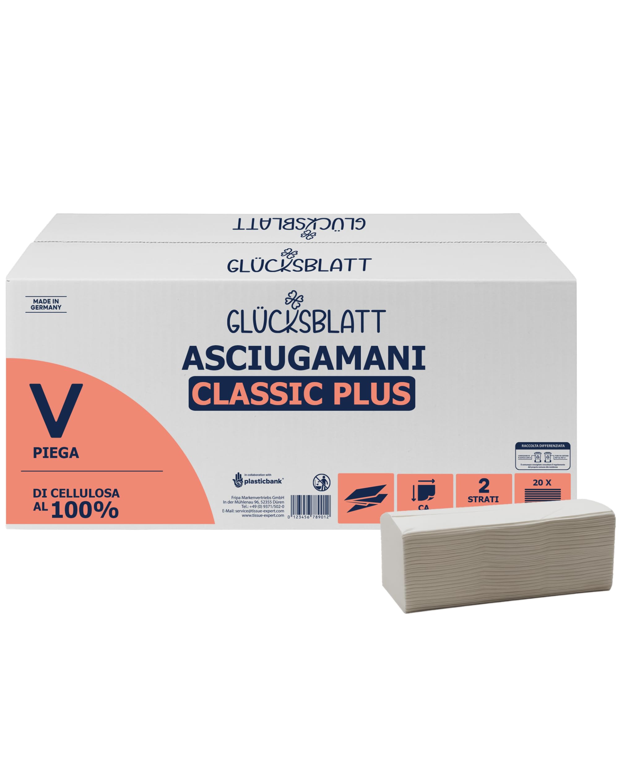 Glücksblatt Asciugamani di carta, 3000 fogli, 2 strati, 25 x 23 cm, piegati a V, in 100% polpa, asciugamani di alta qualità, adatti per dispenser, carta asciugamano bianca, asciugamani monouso