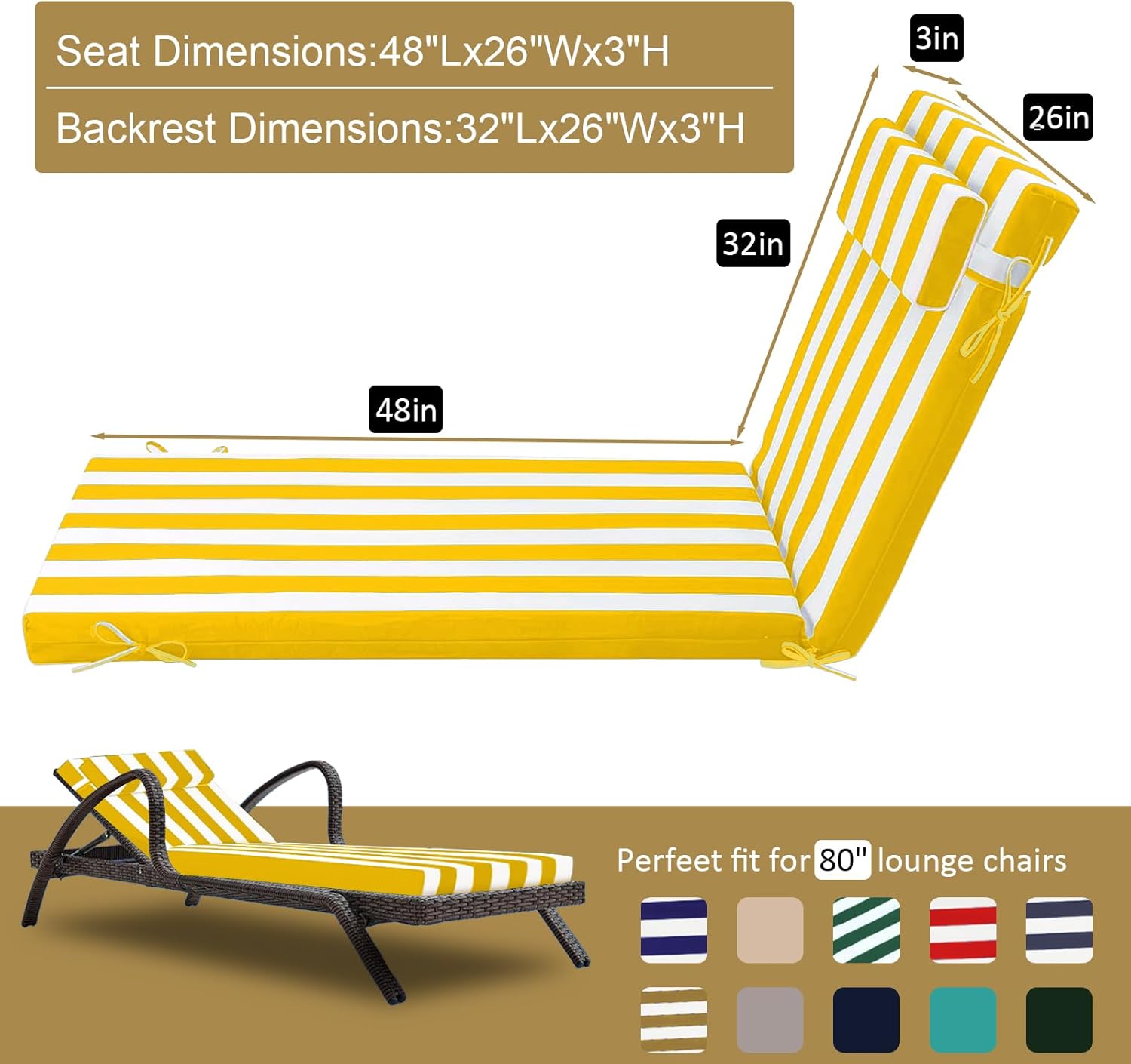 Outdoor Chaise Lounge Cushion, High-Density Foam Fill Patio Furniture Bench Cushions with Ties, Thicken Waterproof Replacement Back Chaise Cushions for Pool, Sand Beach (Bright yellow 2pc, 80x26x3 in)