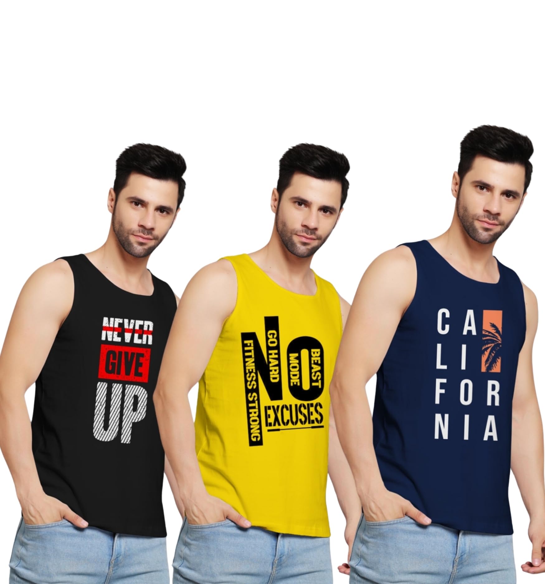 Men's Sleeveless Tank Top Vest with Motivational Prints, Pack of 3, Black Yellow Navy Blue-image-15