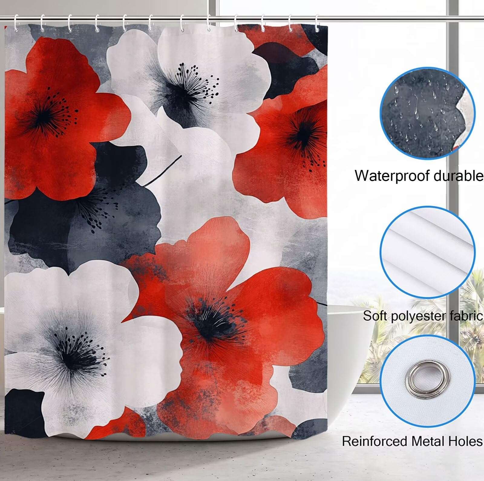 Rideau de Douche 200 x 240 cm Anti Moisissure Rideau Douche Beige Shower Curtain Rouge Imperméable Tissu Polyester Séchage Rapide Shower Curtain avec Ourlet Inférieur Lesté et 12 Crochets 3Y#334