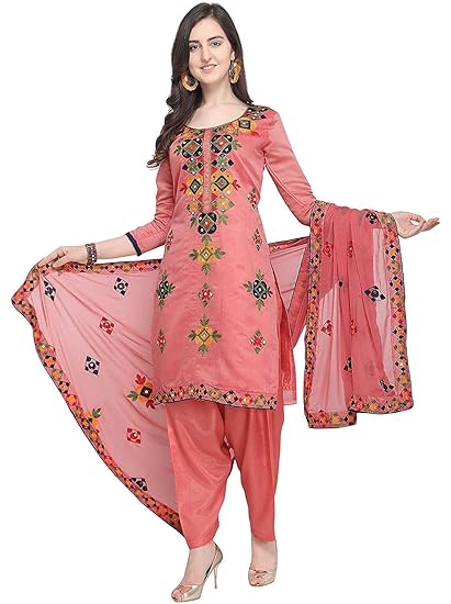 Women Holi Special Rajasthani Mirror Work Chanderi Embroidery Unstitched free size Salwar Kameez Dress Material (EJ1180-88033, Watermelon Pink)