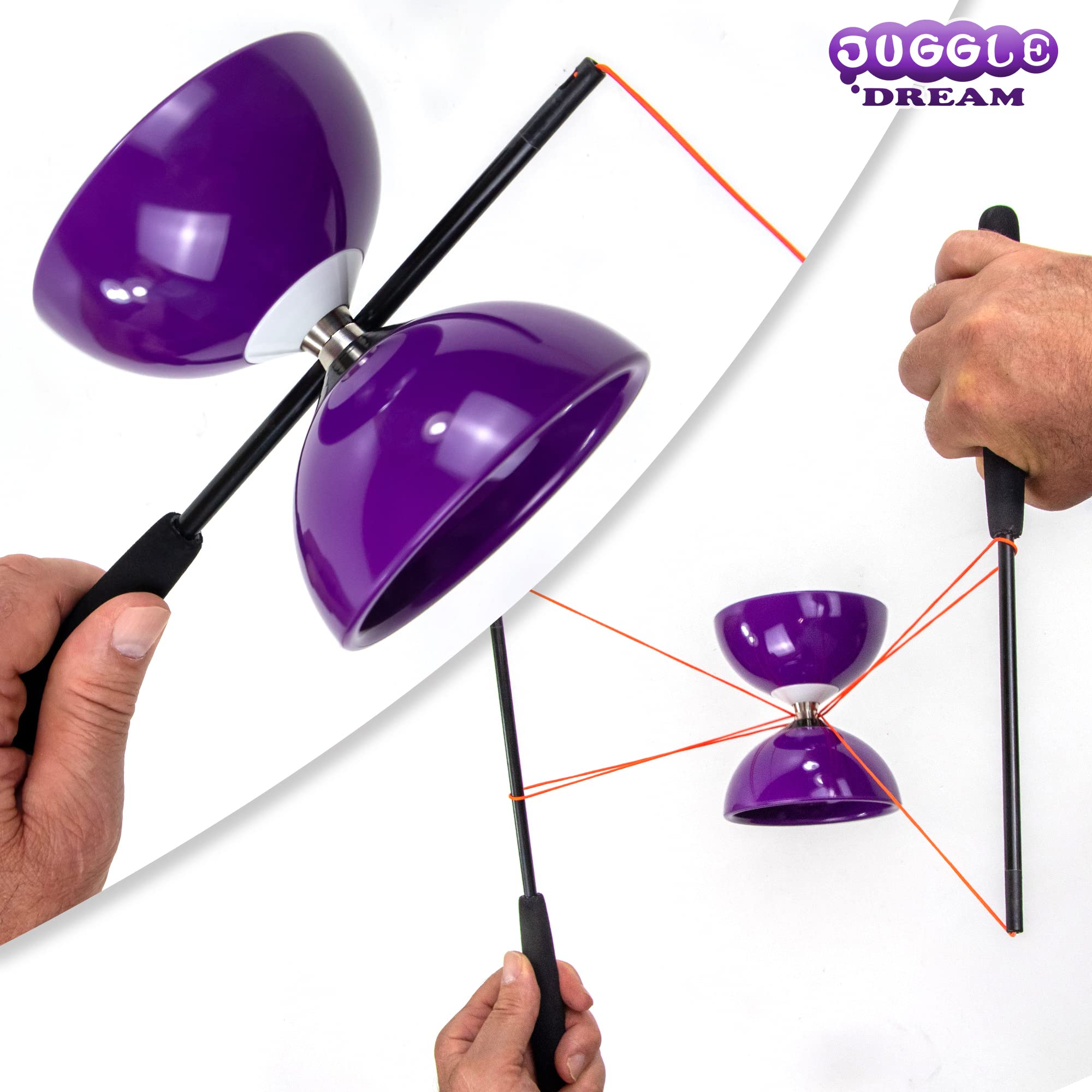 Juggle Dream Carousel Diabolo Set – con ASSE a Triplo Cuscinetto a Sfera + Bacchette in Fibra e Video di Apprendimento Online - Giocoleria (Viola)