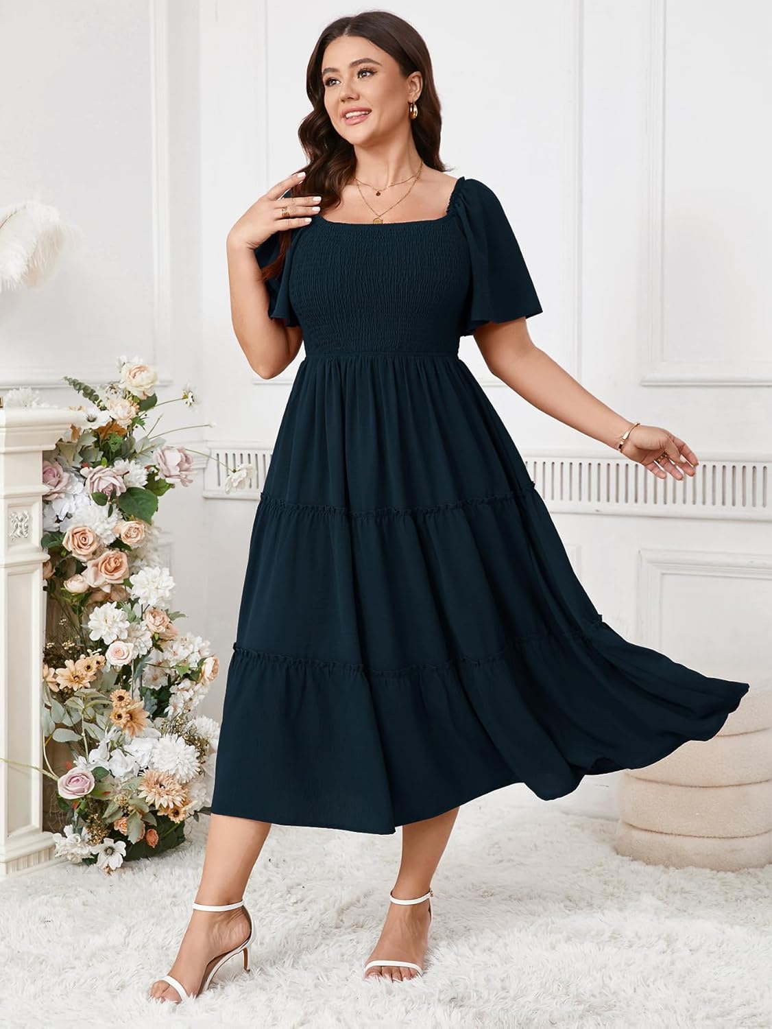 SCOMCHIC Women's Plus Size Dresses Short Sleeve Square Neck Smocked Flowy A-Line Boho Wedding Guest Cocktail Maxi Dress - Image 4