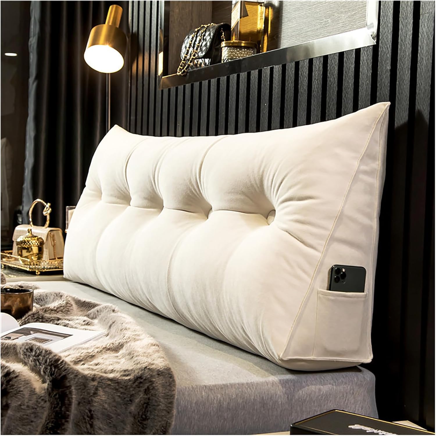 ZTGL Large Triangular Headboard Wedge Bed Rest Reading Pillow Back/Lumber Support Positioning Pillow for Bed Sofa Tatami, Washable Daybed Triangle Bolster Cover,White,80x20x50cm