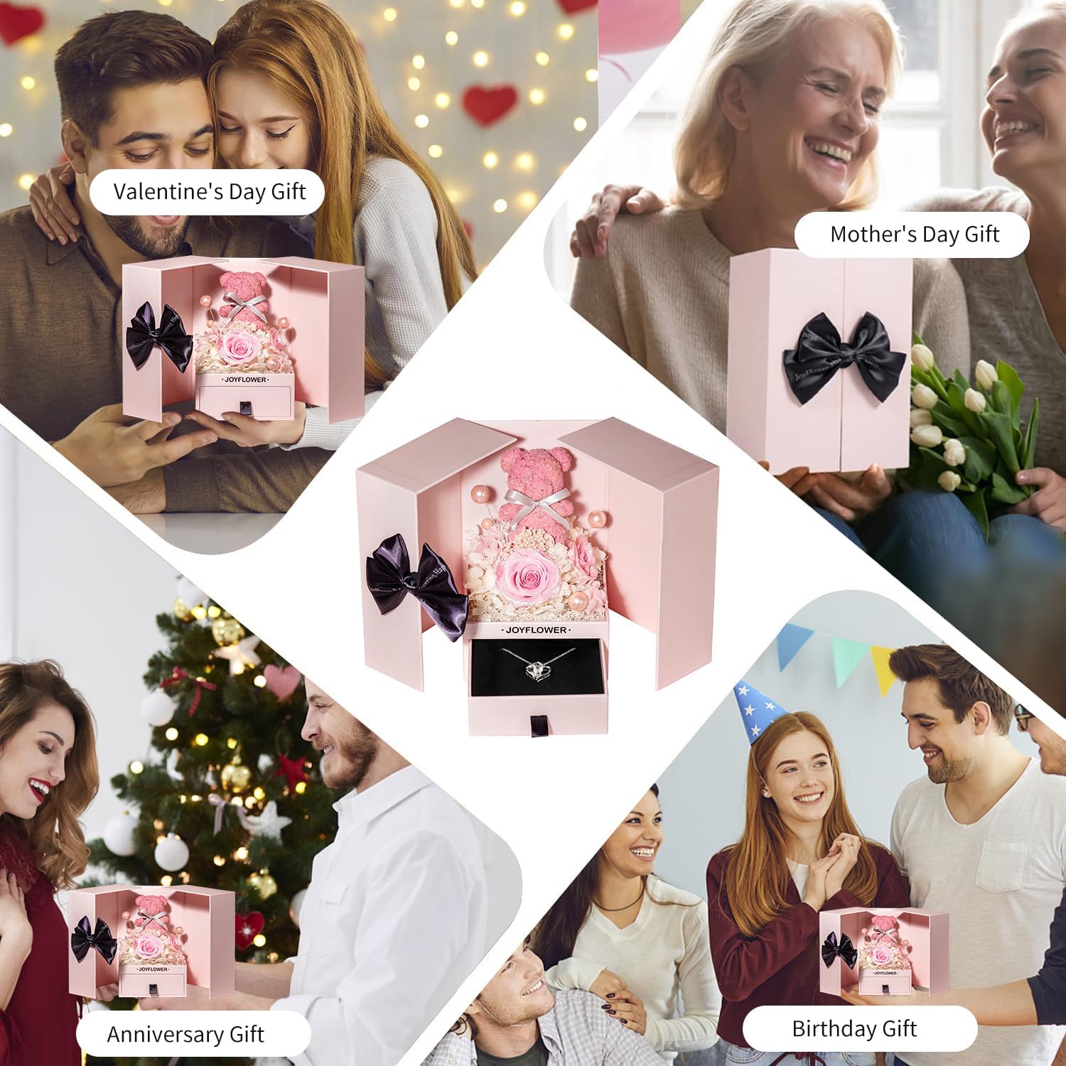 JoyFlower Preserved Flowers Bear with Necklace Gifts for Girlfriend, Unique Pearl Rose Bear Necklace Birthday Gifts for Mom, Eternal Roses Mother's Valentine's Day for Wife Grandma Her - Image 5