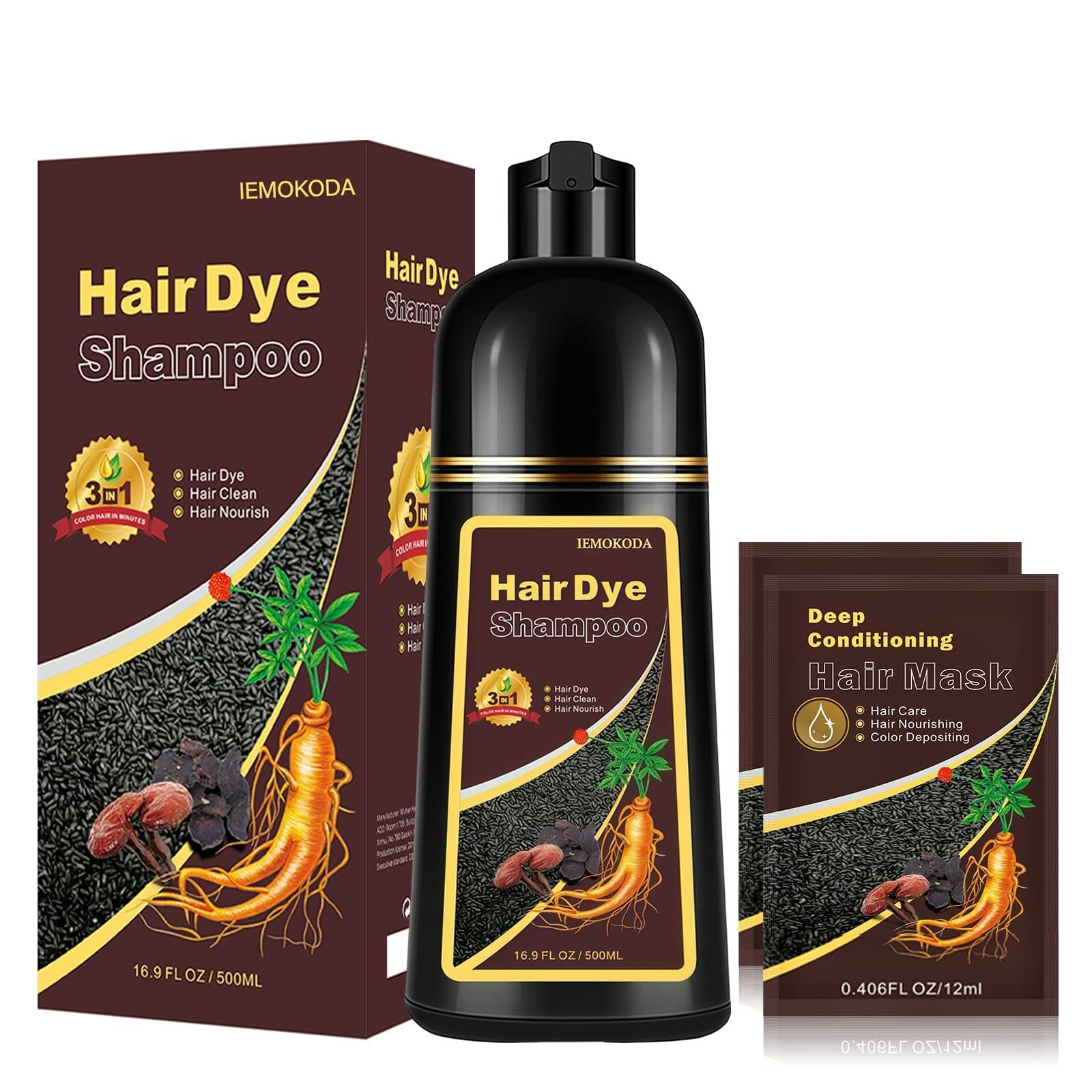 Instant Black Hair Shampoo, Hair Color Shampoo for Gray Hair, Black Hair Dye Shampoo 3 in 1, Shampoo Hair Dye & Champu Para Canas, Colors in Minutes, Easy to Use, 16.90 Fl Oz