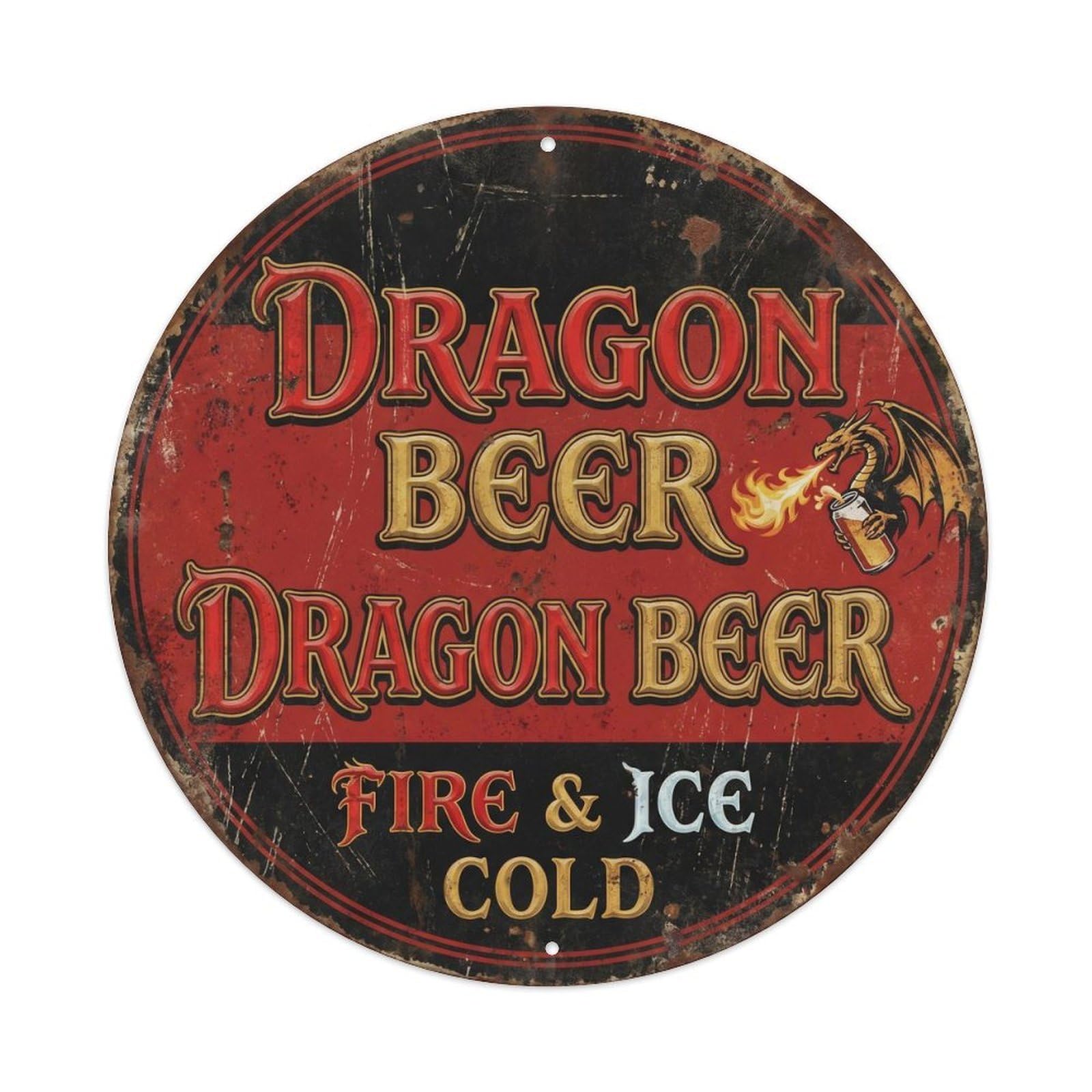 Retro Bar Style Dragon Fantasy Basement Beer Vintage Metal Tin Sign Plaque Wall Decor for Cafe, Club, Garden Round Metal Poster 8x8Inch