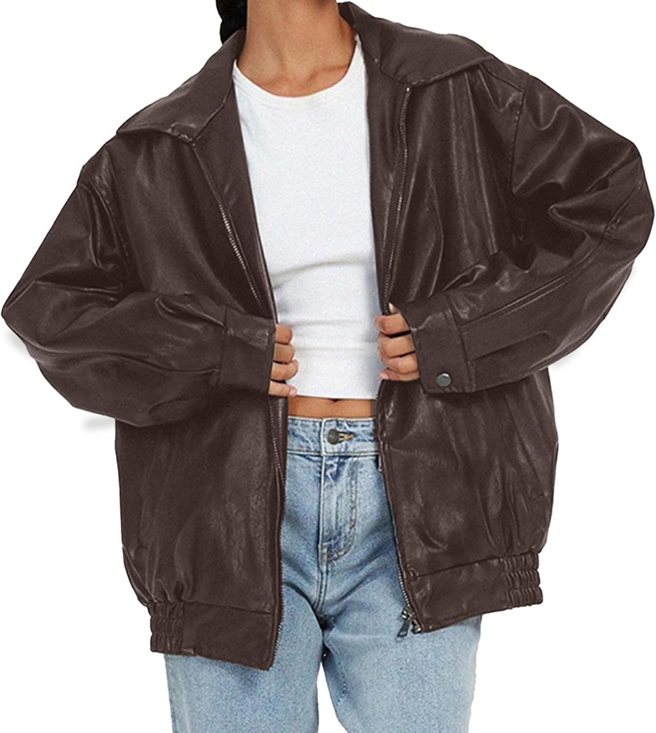 Womens Faux Leather Jackets Oversized Motorcycle Jacket Bomber Coats Fashion Outfits Spring Fall Clothes